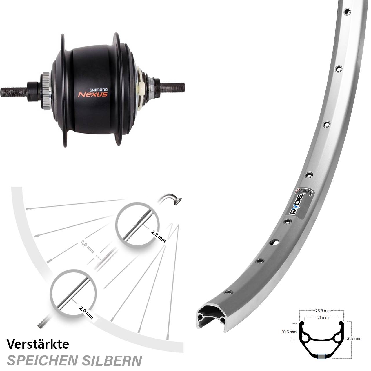 27,5 Zoll Ryde Zac 421 silbern Hinterrad Shimano Nexus 8 Gang Centerlock