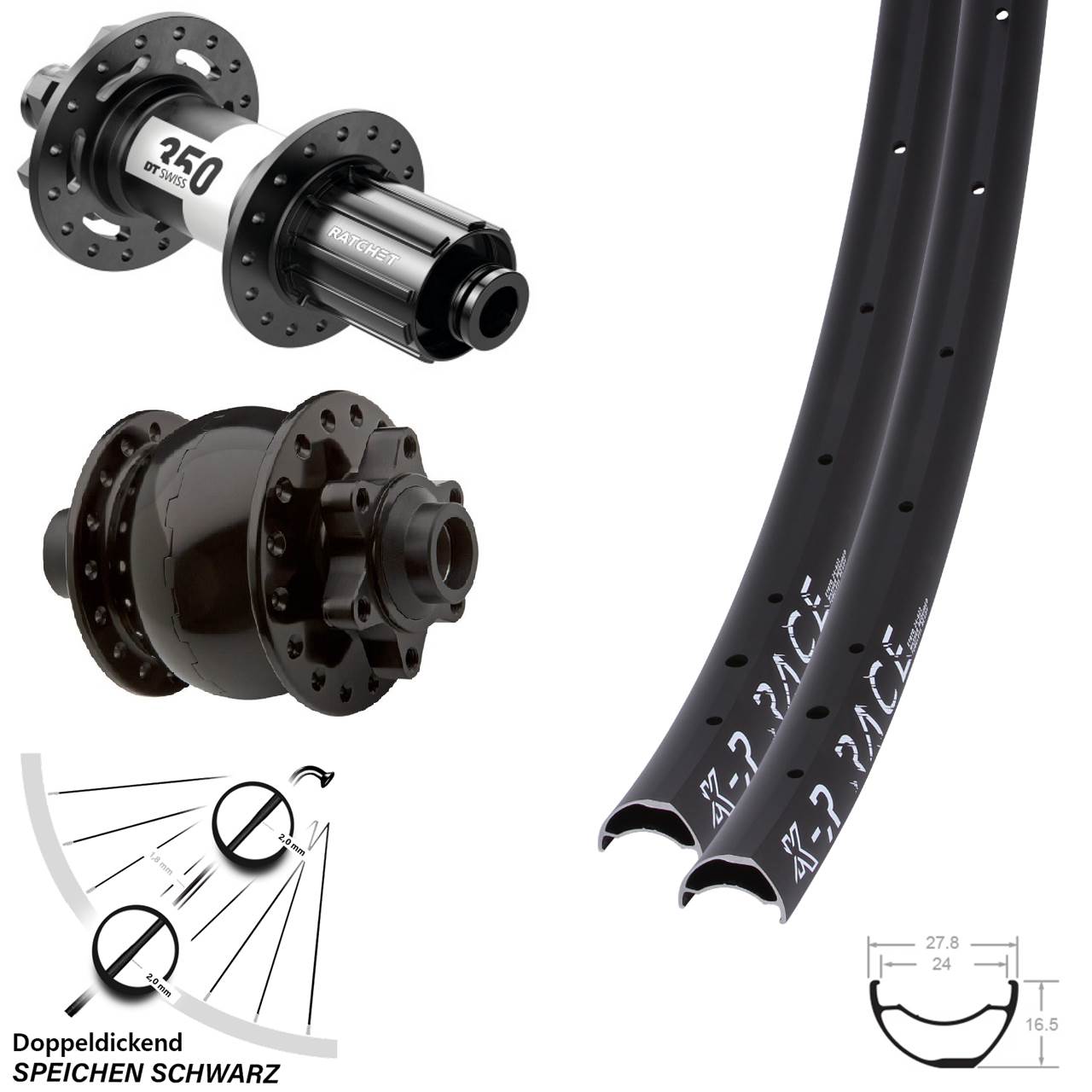 DT Swiss 350 Laufradsatz KX-R Race 29 Zoll Steckachse 11-fach SON Dynamo schwarz