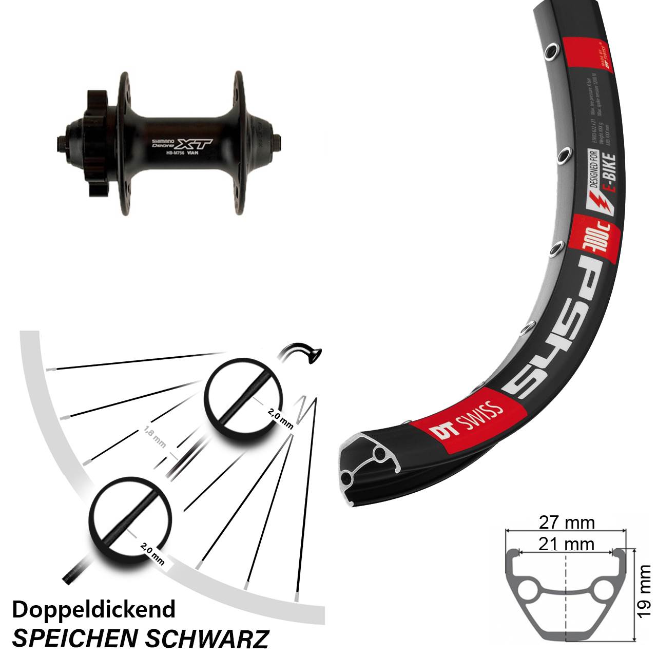 26 Zoll DT Swiss 545d Shimano Deore XT 6-Loch Vorderrad für Schnellspanner