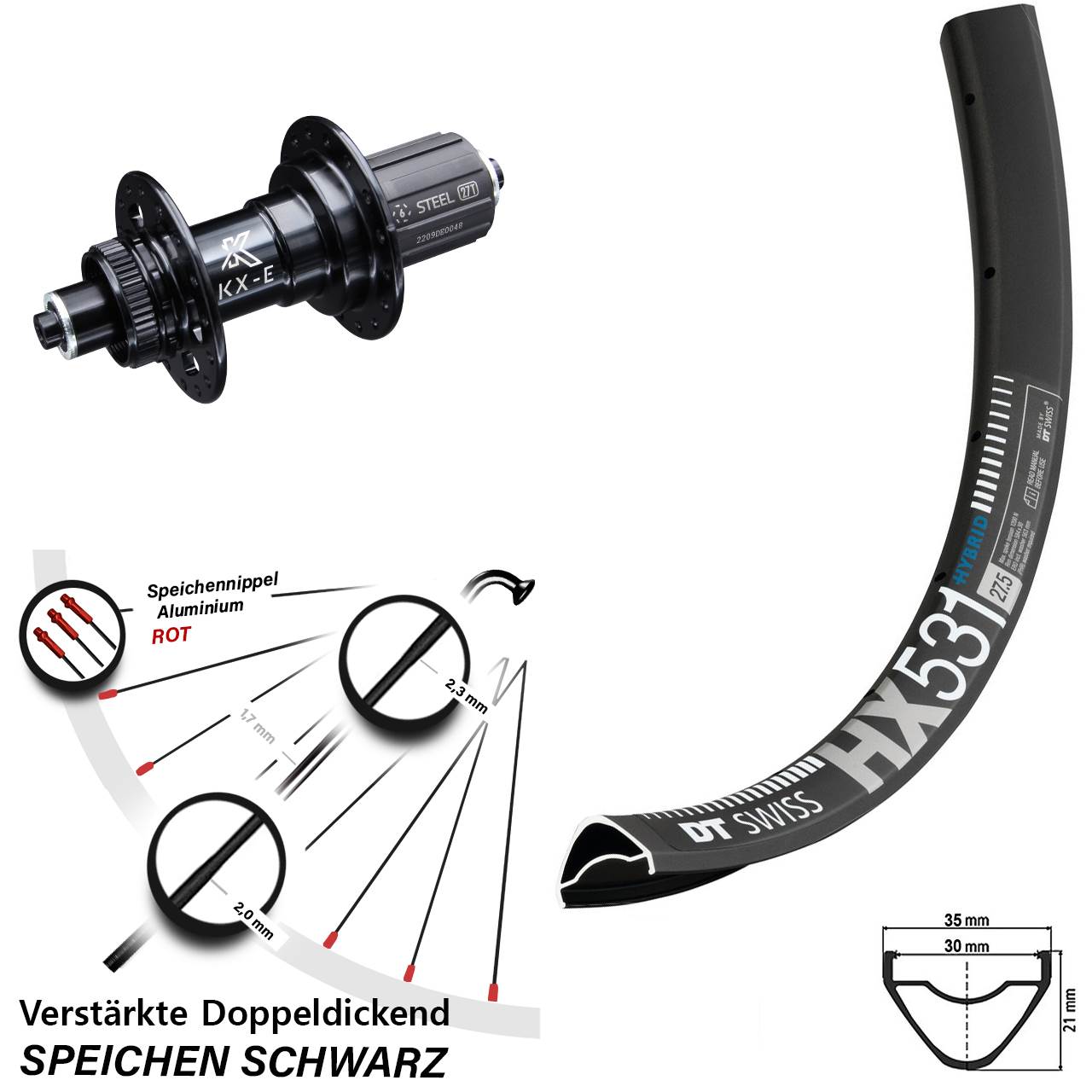 DT Swiss HX 531 Hinterrad 29 Zoll verstärkt KX-E 5x135 mm Centerlock 8-12 fach