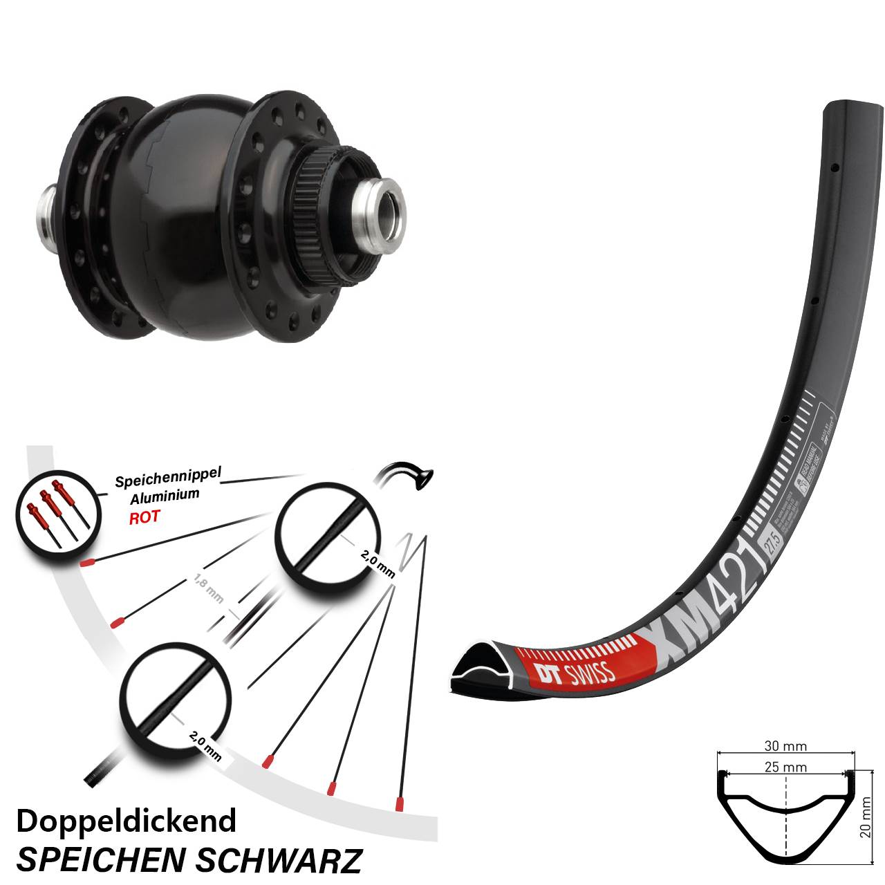 SONdelux DT Swiss XM421 27,5 Zoll Nabendynamovorderrad Centerlock 12x100