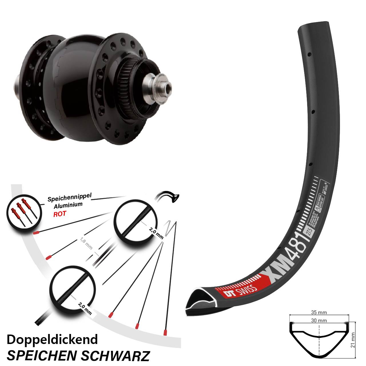 Disc Laufrad mit Nabendynamo QR 27,5 Zoll DT Swiss XM481 SONdelux