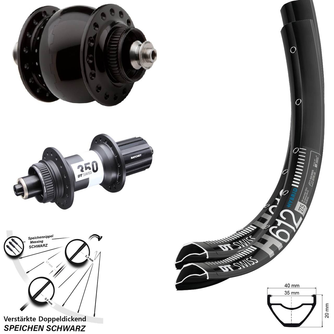 27,5 Zoll DT Swiss H612 350 SON delux Disc Laufrad-Satz für Schnellspanner 8-11 fach HG