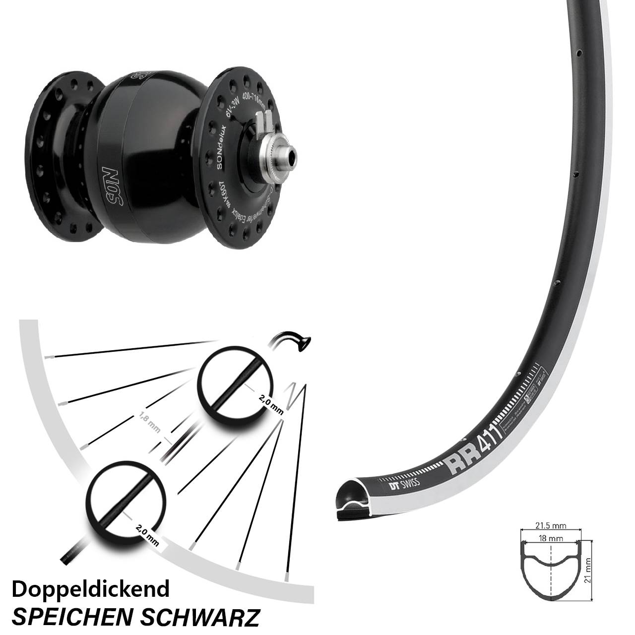 Vorderrad mit Nabendynamo 28 Zoll DT Swiss RR 411 SONdelux wide body für Schnellspanner