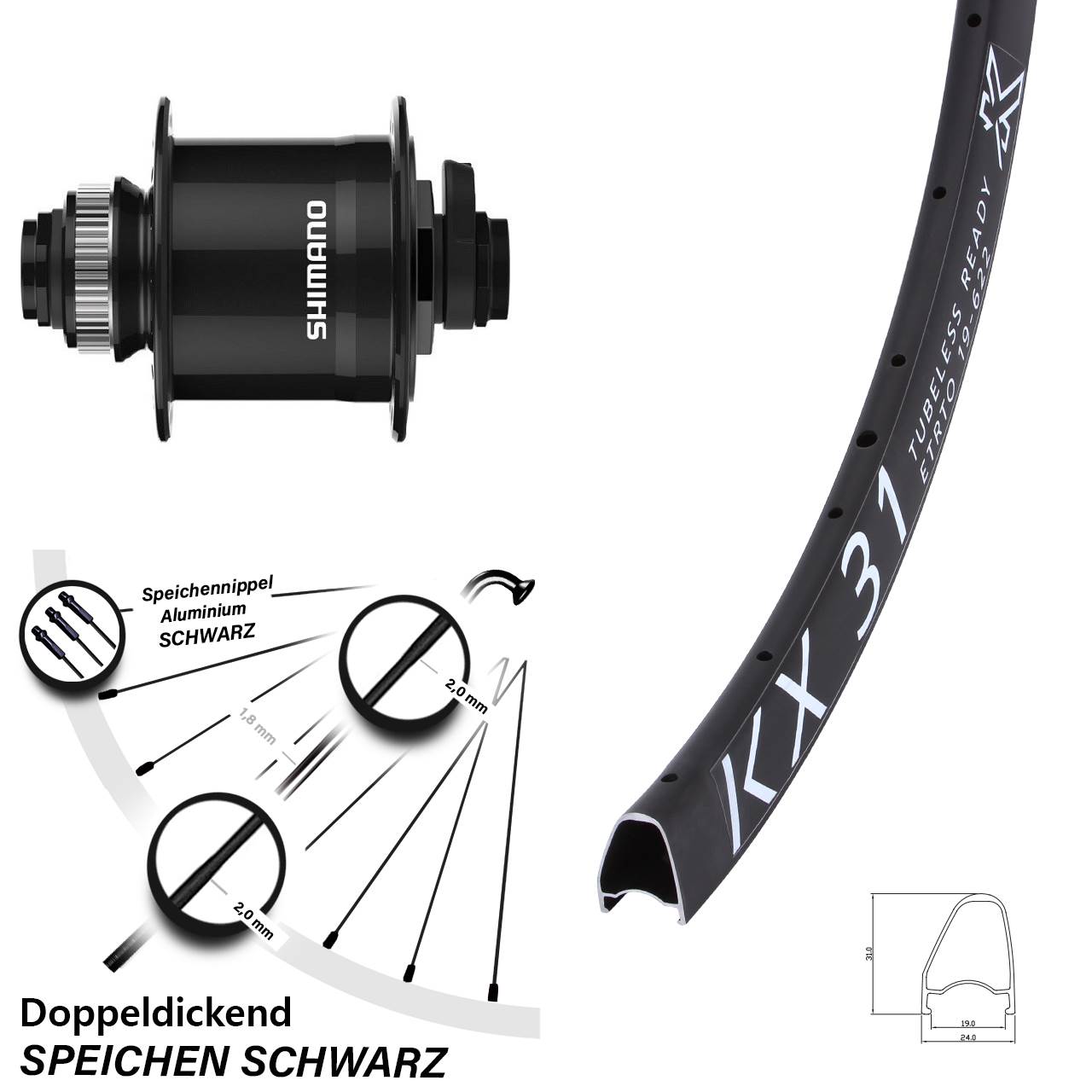 Disc Nabendynamovorderrad 28 Zoll KX31 OS Shimano DH-UR708-3D 15x100