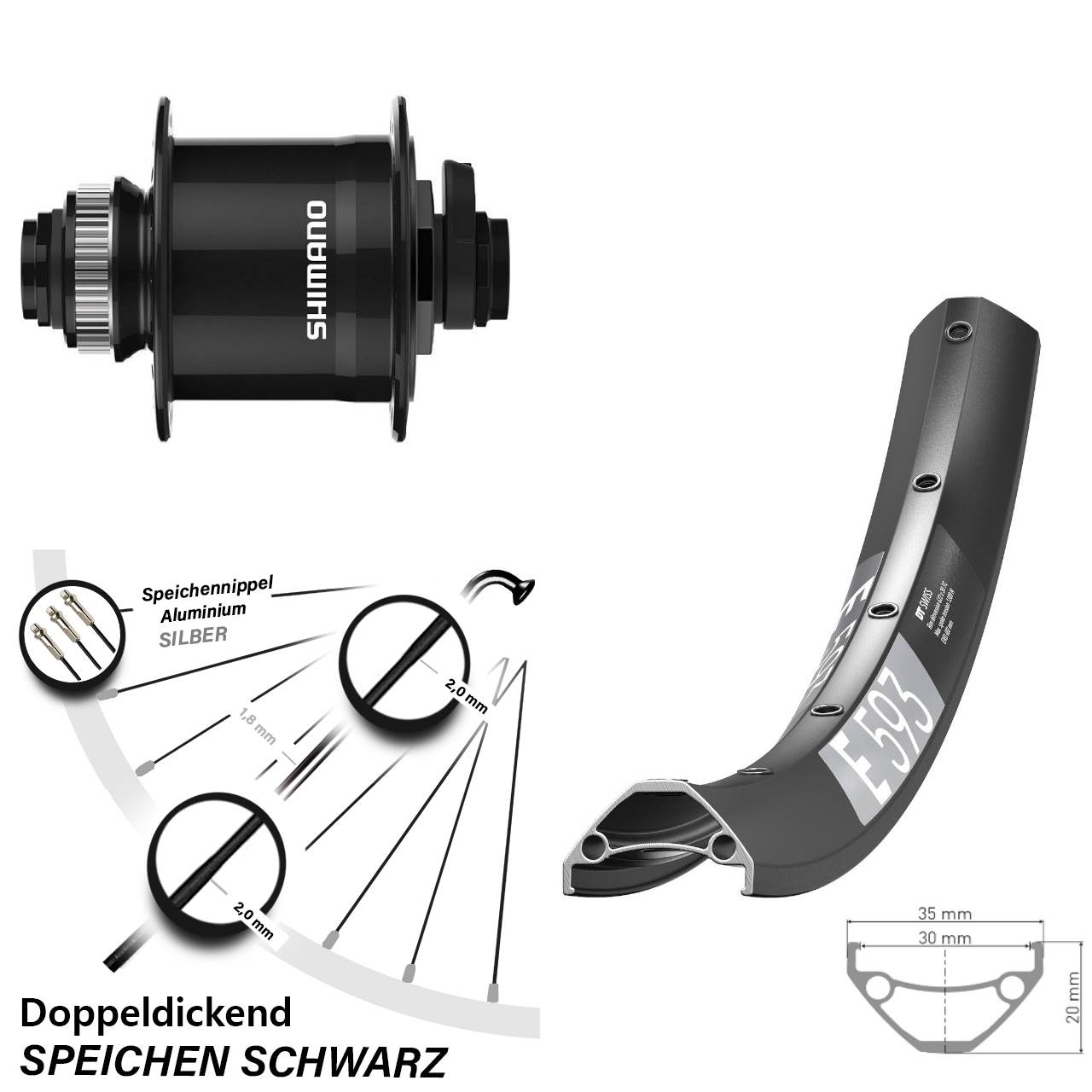 Disc Nabendynamovorderrad 29 Zoll DT Swiss E593 Shimano DH-UR708 15x100