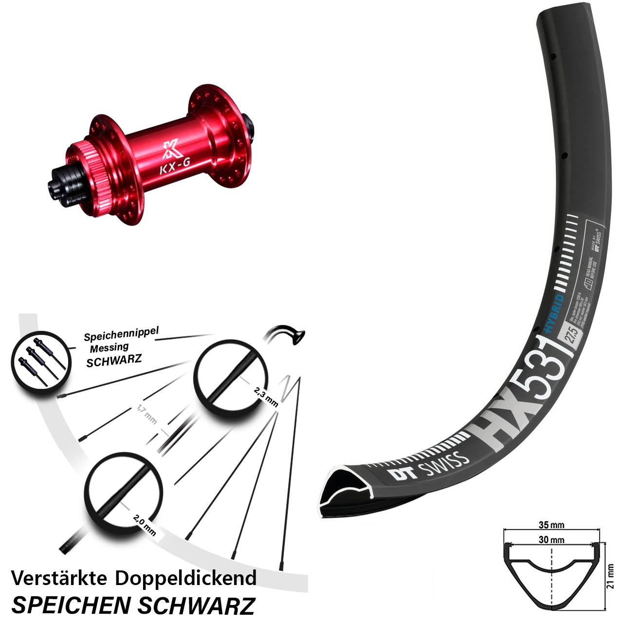 Disc Vorderrad 29 Zoll DT Swiss HX531 KX-G rot für Schnellspanner