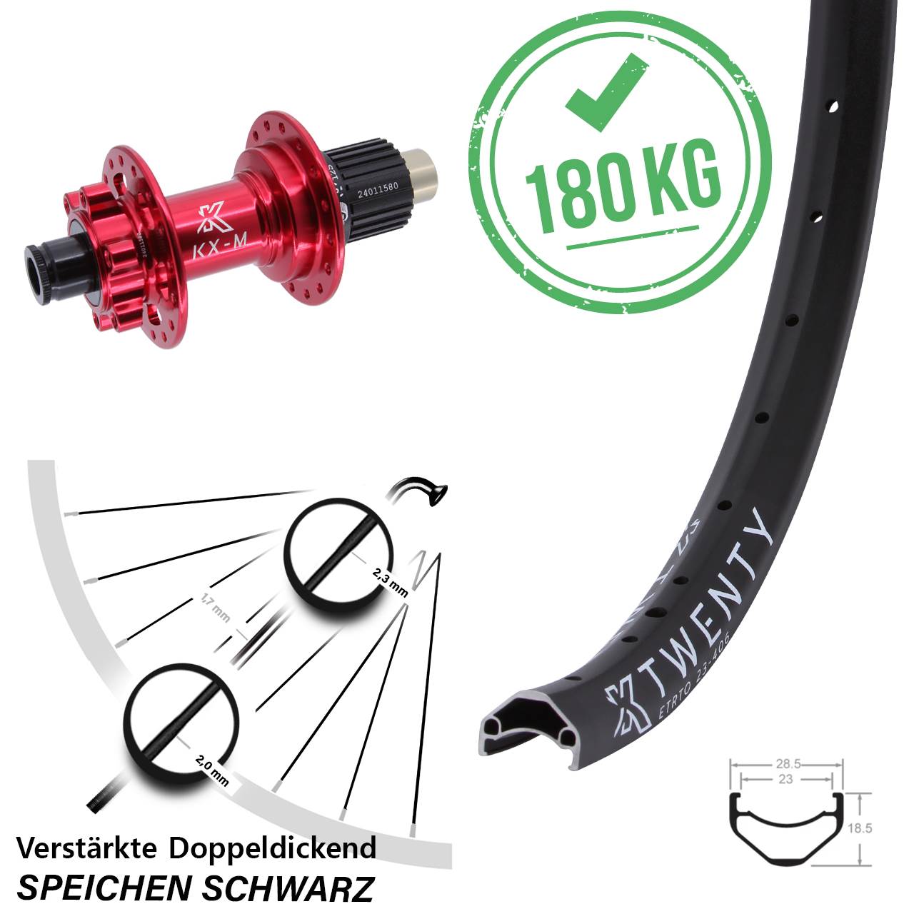 20 Zoll KX-M Twenty rot Hinterrad 6-Loch 12x142 Shimano Micro Spline