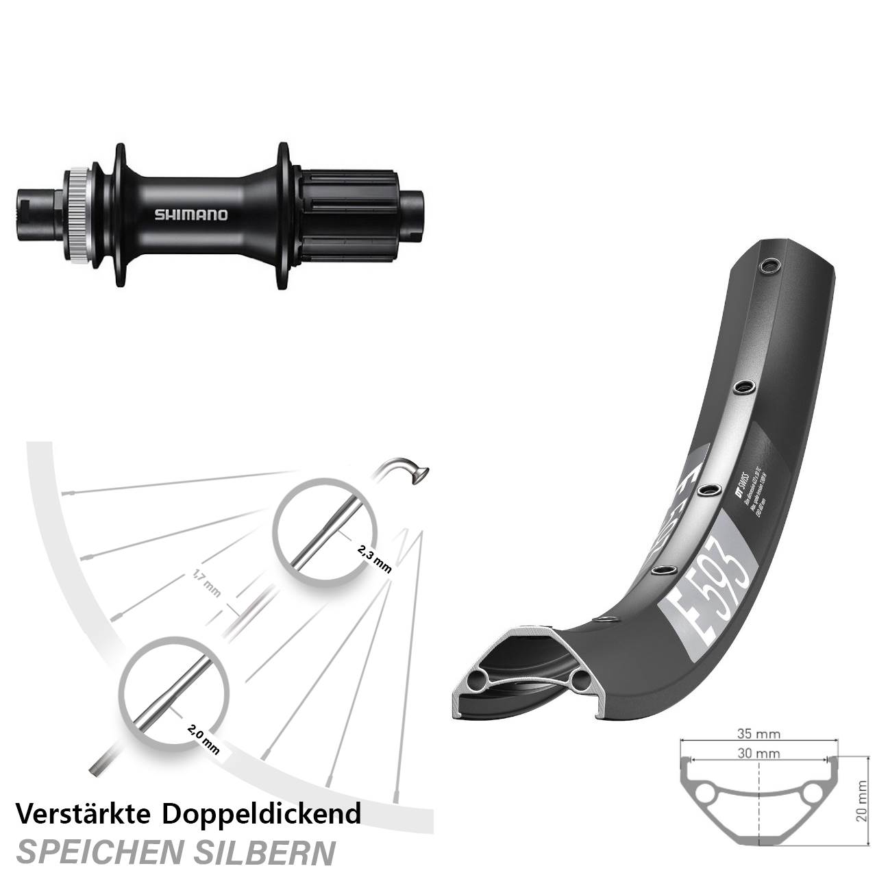 DT Swiss E593 Shimano FH-MT400 29 Zoll Disc Laufrad 12x142 8-11 fach HG