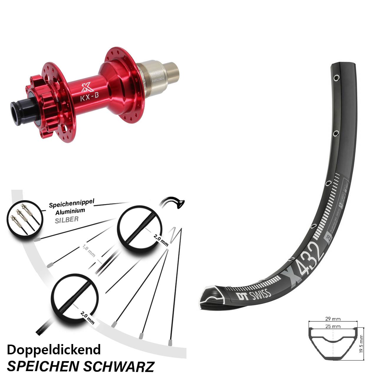 DT Swiss X 432 29 Zoll Hinterrad KX-B rot XD Boost