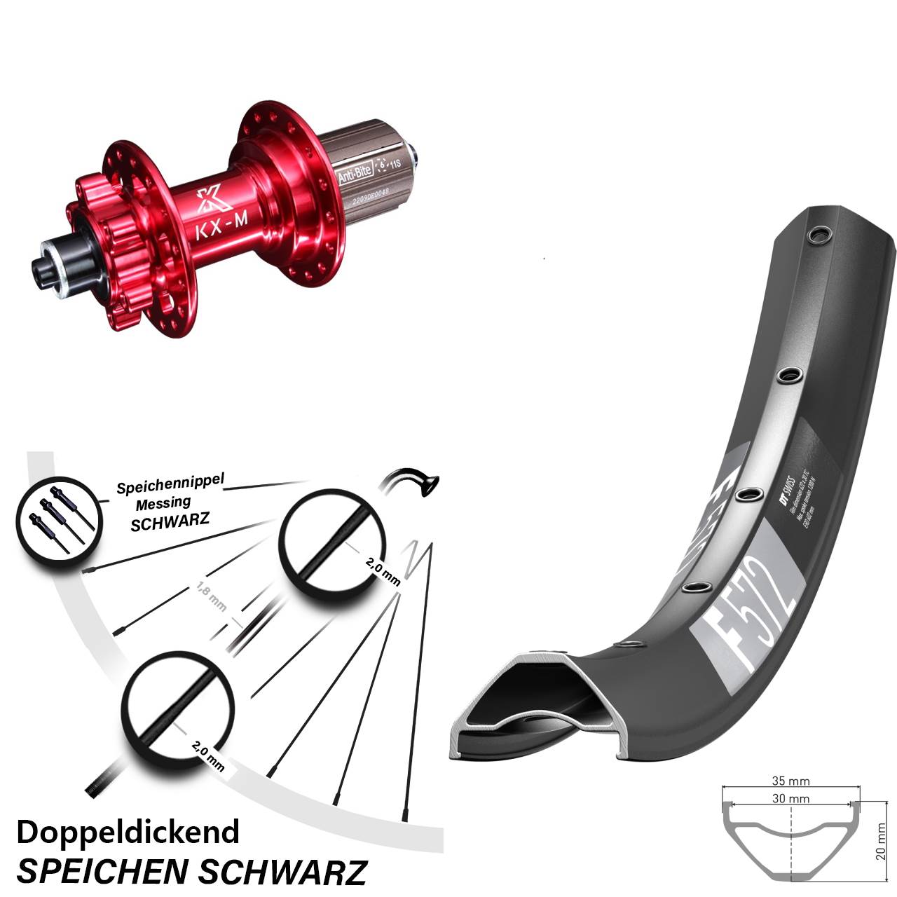 Disc Hinterrad 27,5 Zoll DT Swiss F572 KX-M rot 8-12 fach für Schnellspanner