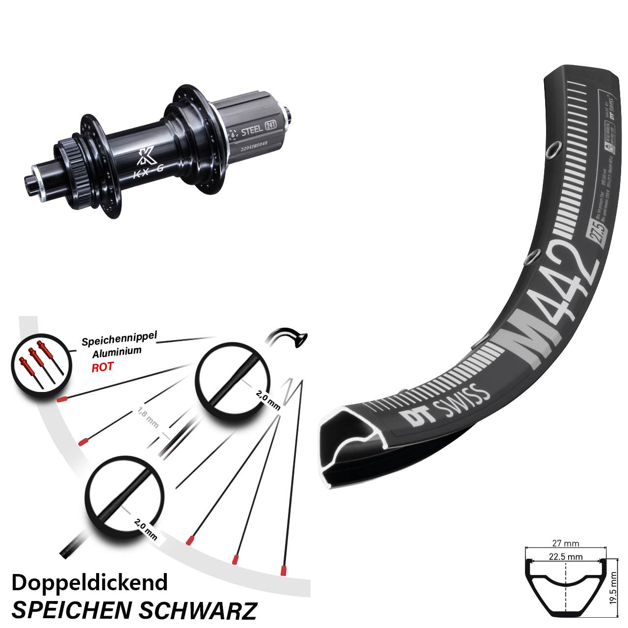 Hinterrad 28 Zoll DT Swiss M 442 KX-GS 8-12 fach
