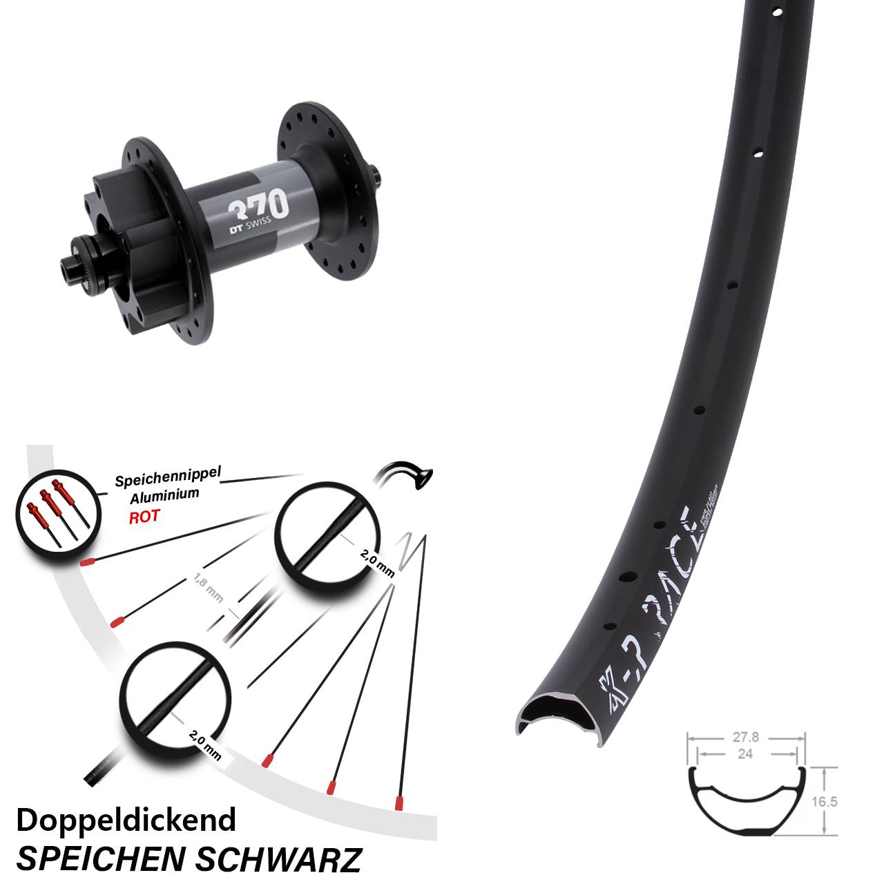 28-29 Zoll KX-R Race DT Swiss 370 Disc Vorderrad für Schnellspanner