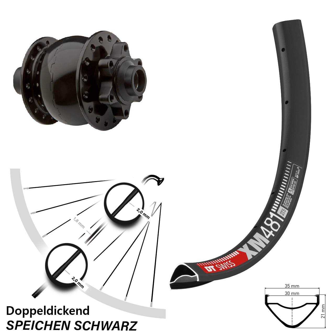 Disc Laufrad mit Nabendynamo 27,5 Zoll DT Swiss XM 481 SON 28 15x100