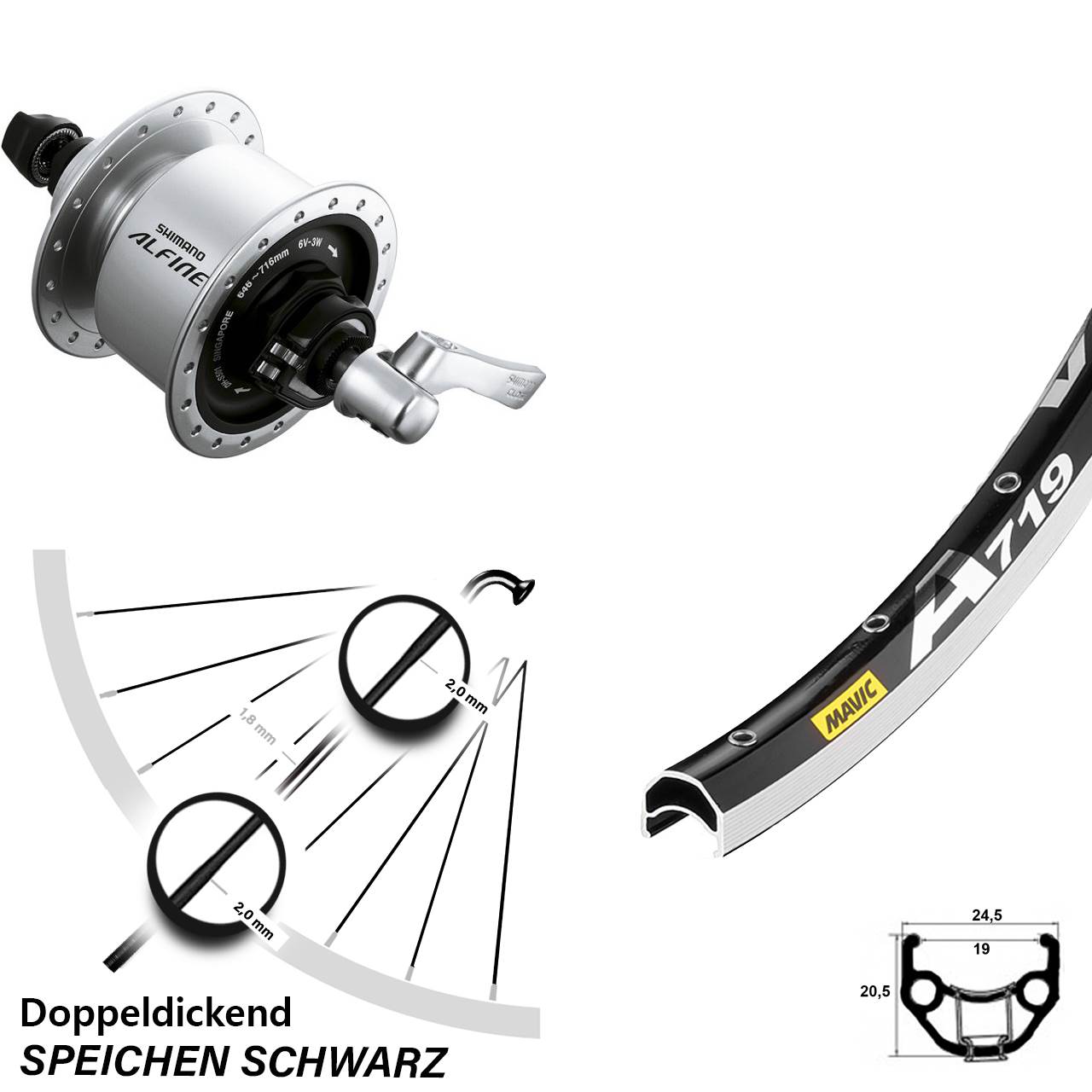 Nabendynamolaufrad Shimano Alfine Mavic A719 28 Zoll