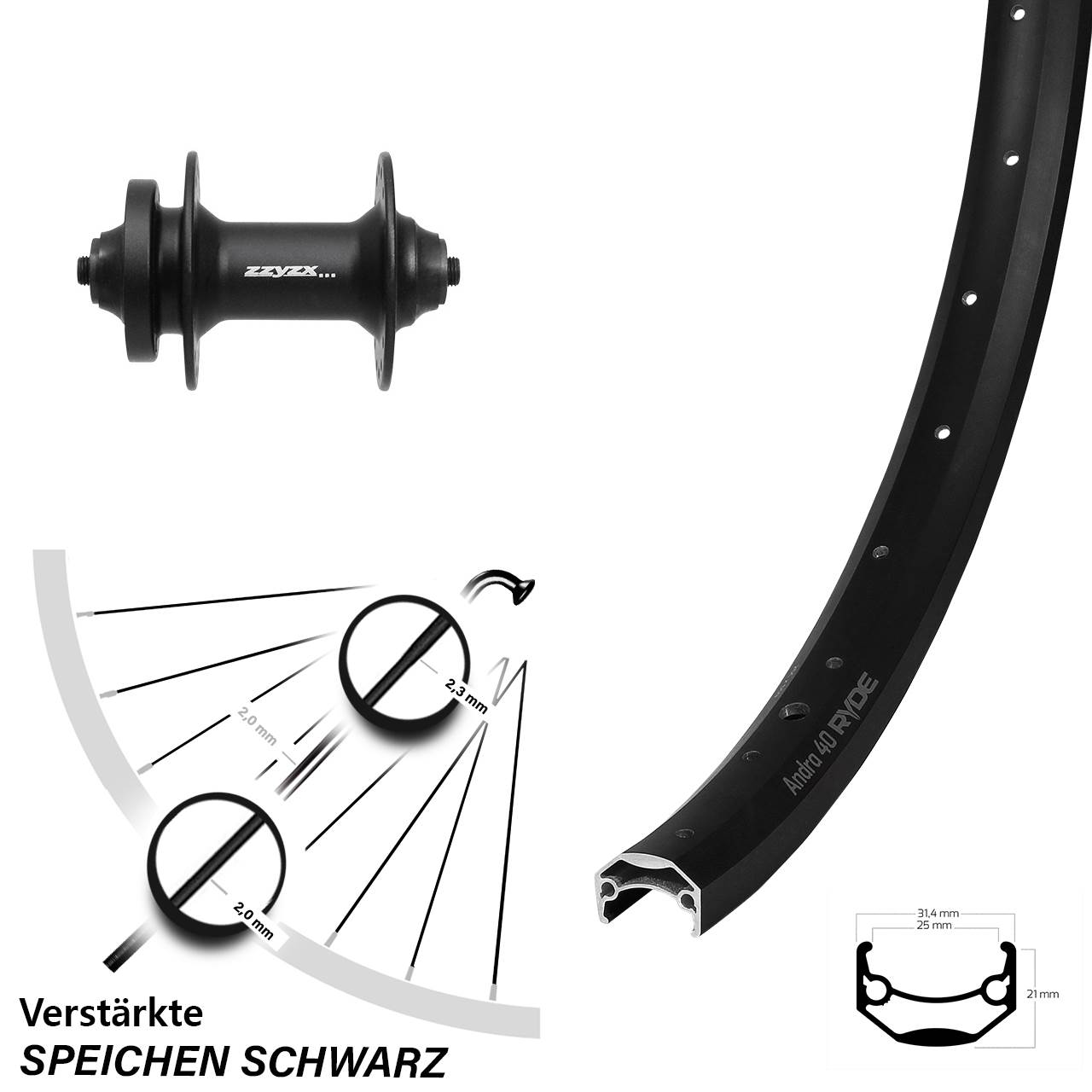 Vorderrad 6-Loch 20 Zoll Ryde Andra 40 Formula DC21 für Schnellspanner