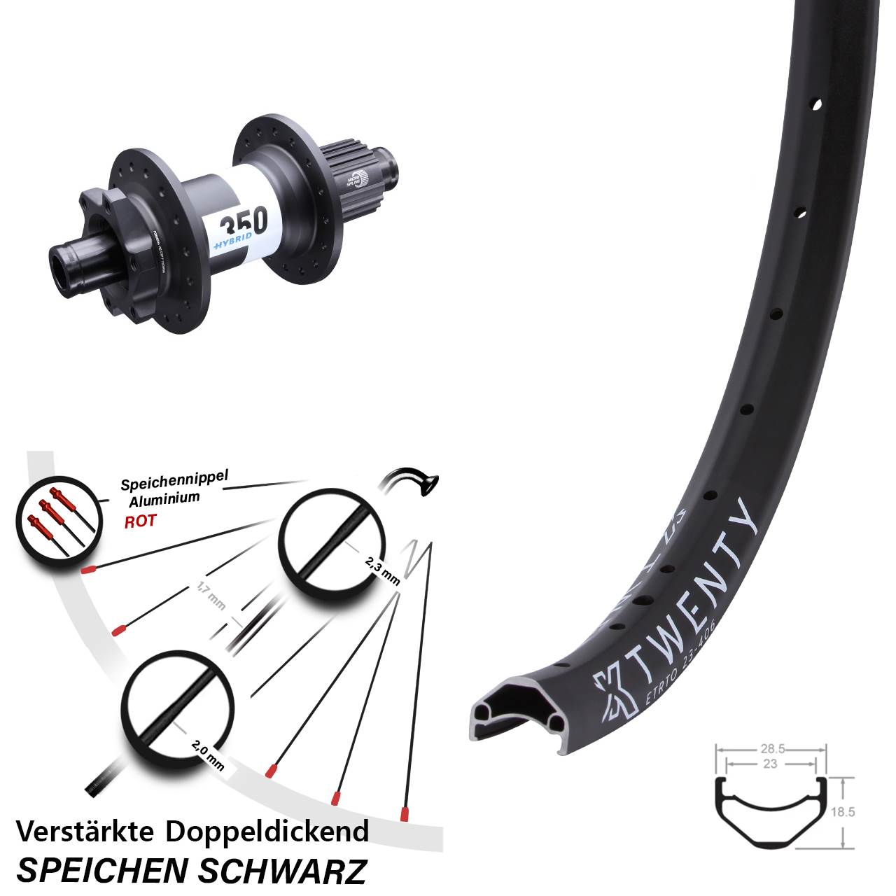 6-Loch Hinterrad 20 Zoll KX Twenty DT Swiss 350 Hybrid Shimano Micro Spline 12x148