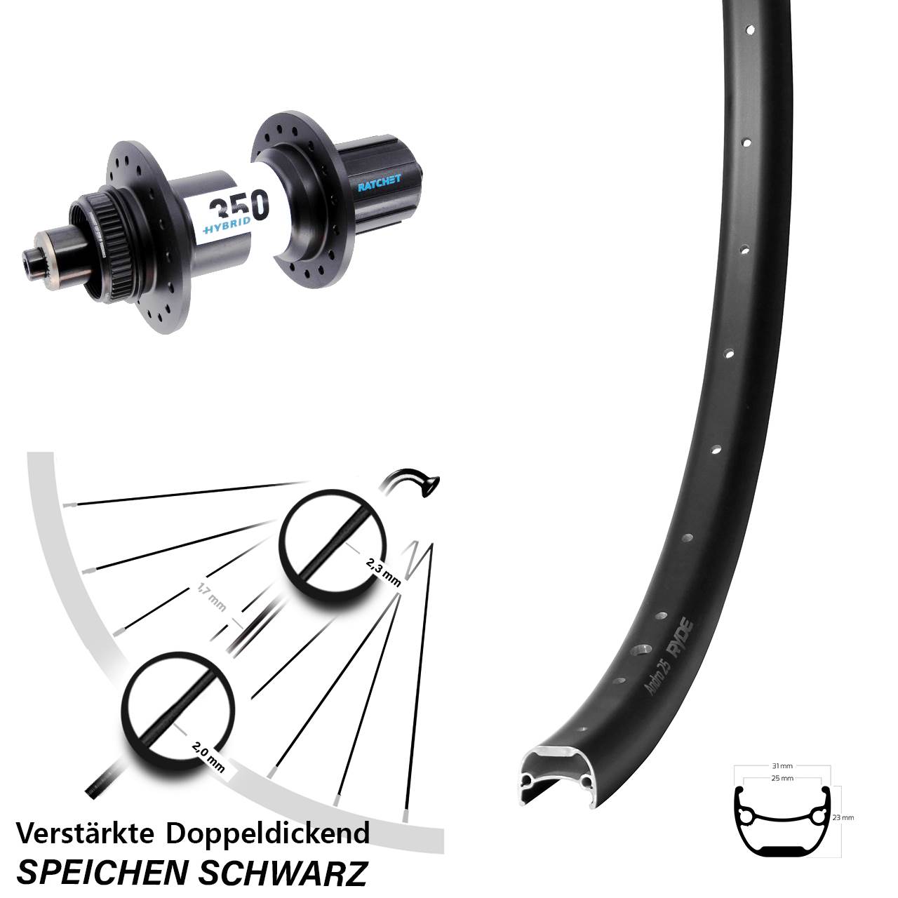 Hinterrad Centerlock 28-29 Zoll Ryde Andra 25 DT Swiss 350 Hybrid 8-11 fach QR Boost