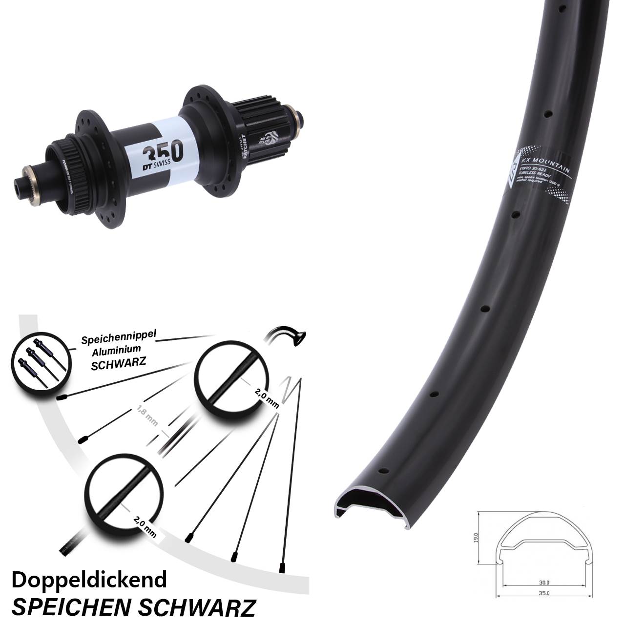 29 Zoll KX Mountain DT Swiss 350 Boost Hinterrad Centerlock QR Boost Micro Spline
