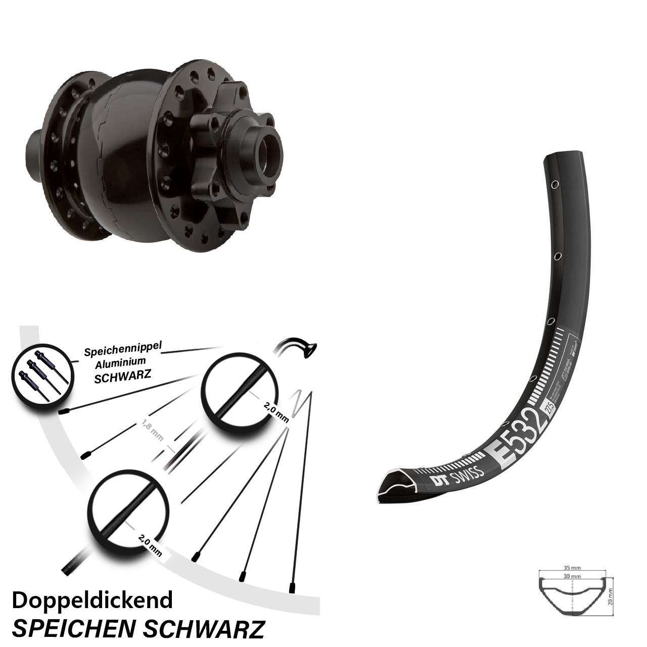 29 Zoll Vorderes Rad mit Nabendynamo DT Swiss E 532 SON 28-15 6-Loch Steckachse 15x100 mm