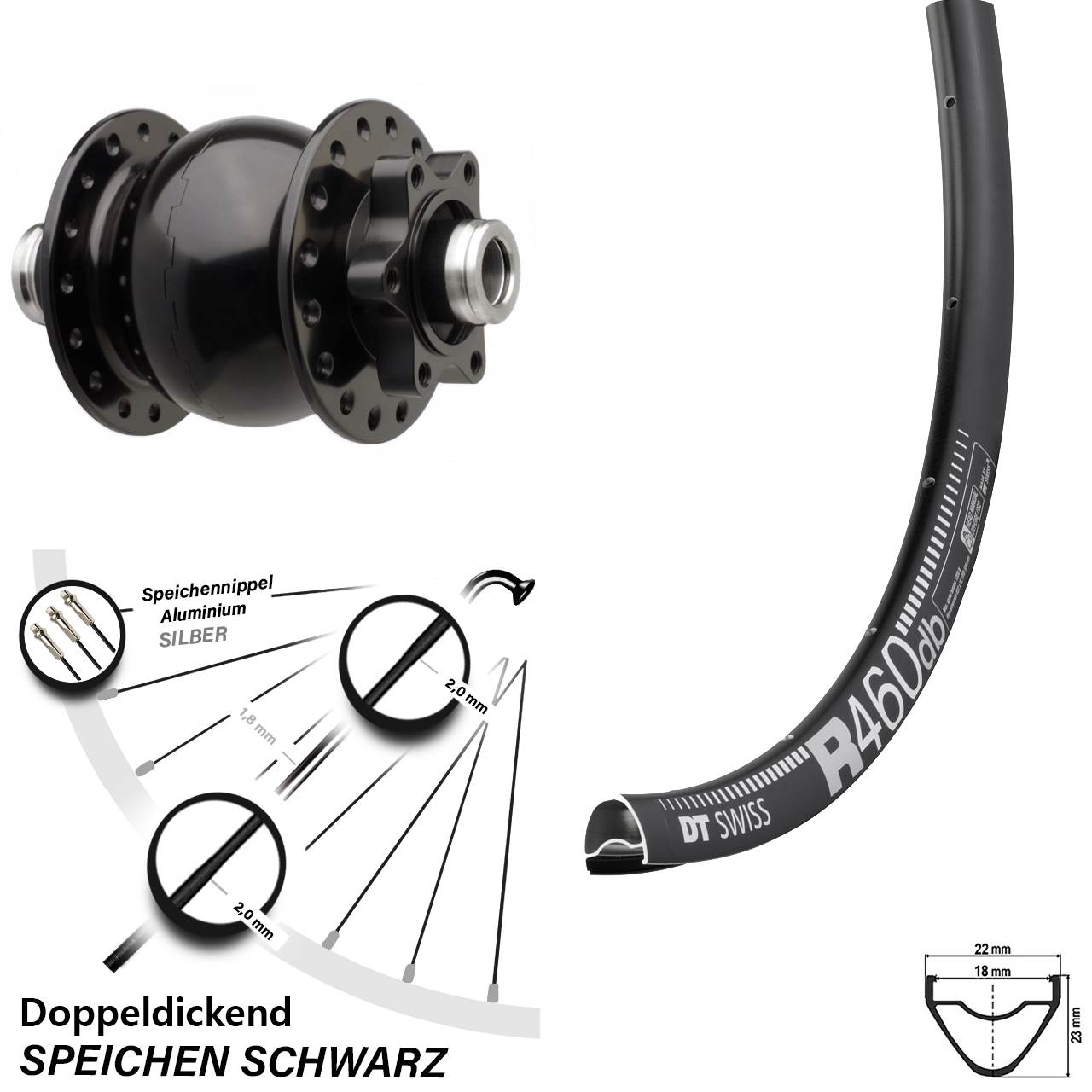 28 Zoll Nabendynamo Vorderrad DT Swiss R 460 DB SON 28-12 Boost 110 mm 6-Loch