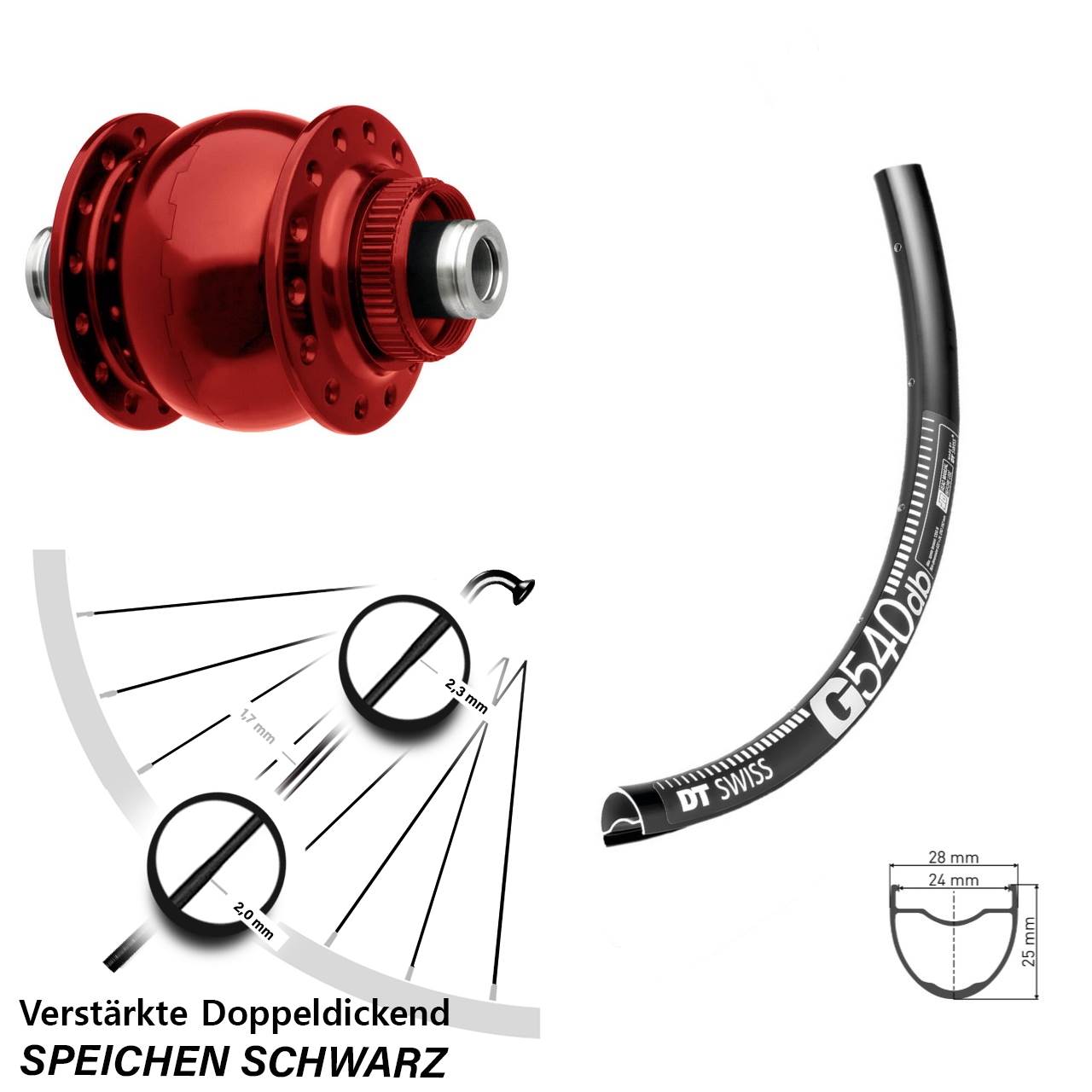Disc Nabendynamovorderrad 27,5 Zoll DT Swiss G 540 SON 28 rot 12x100