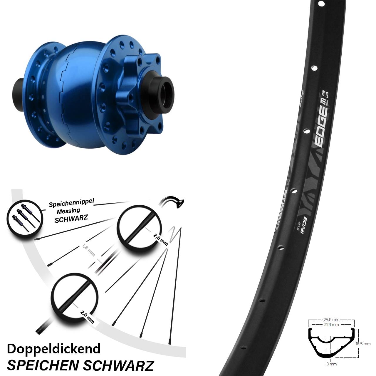 Nabendynamo Ryde Edge M22 Vorderrad 29 Zoll SON-15 Steckachse 15x100 mm