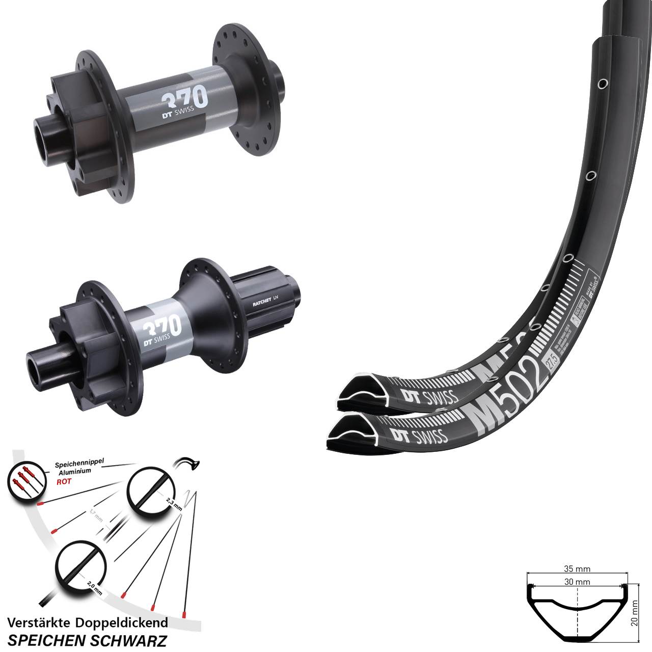 29 Zoll DT Swiss M 502-370 Laufrad-Satz 15x110 12x148 Boost 6-Loch 8-11 fach
