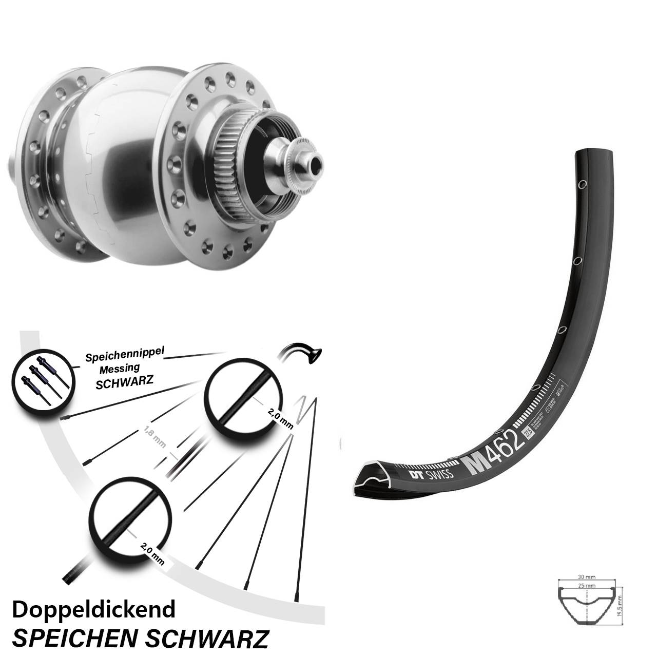 Disc Laufrad mit Nabendynamo für Schnellspanner 27,5 Zoll DT Swiss M 462 SON 28