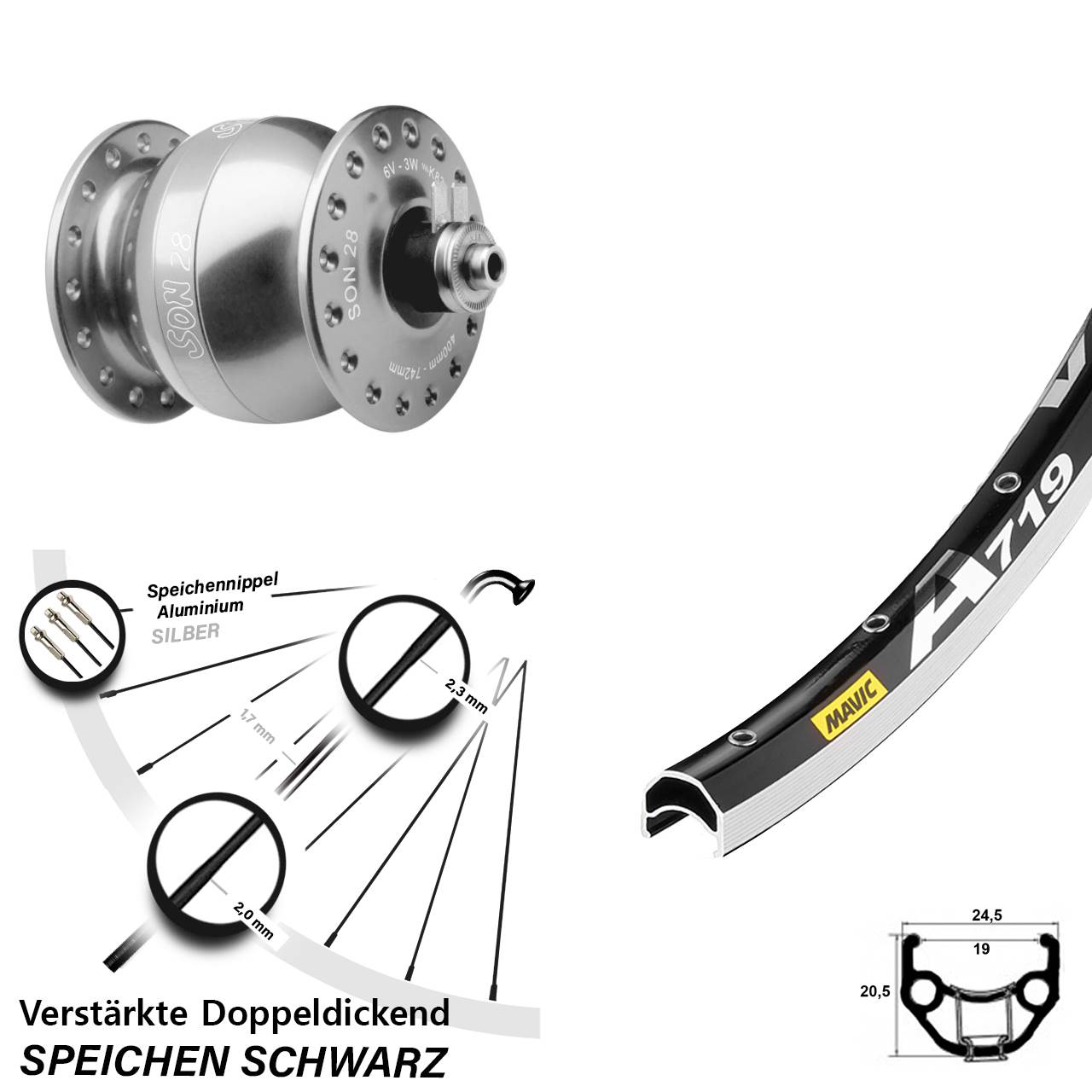 Vorderrad mit Nabendynamo SON 28 Zoll Mavic A 719 silbern QR