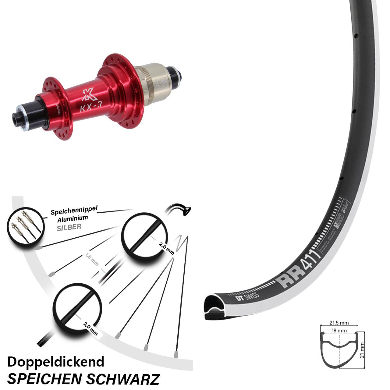 Laufrad hinten QR 28 Zoll DT Swiss RR411 OS KX-R rot XDR