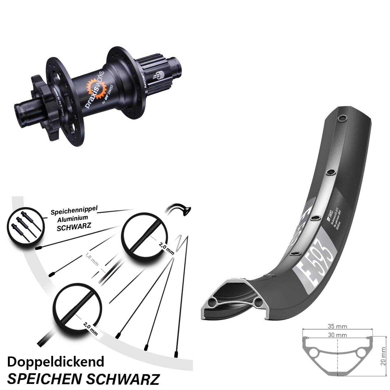 DT Swiss E593-350 27,5 Zoll 6-Loch Hinterrad 12x142 Micro Spline