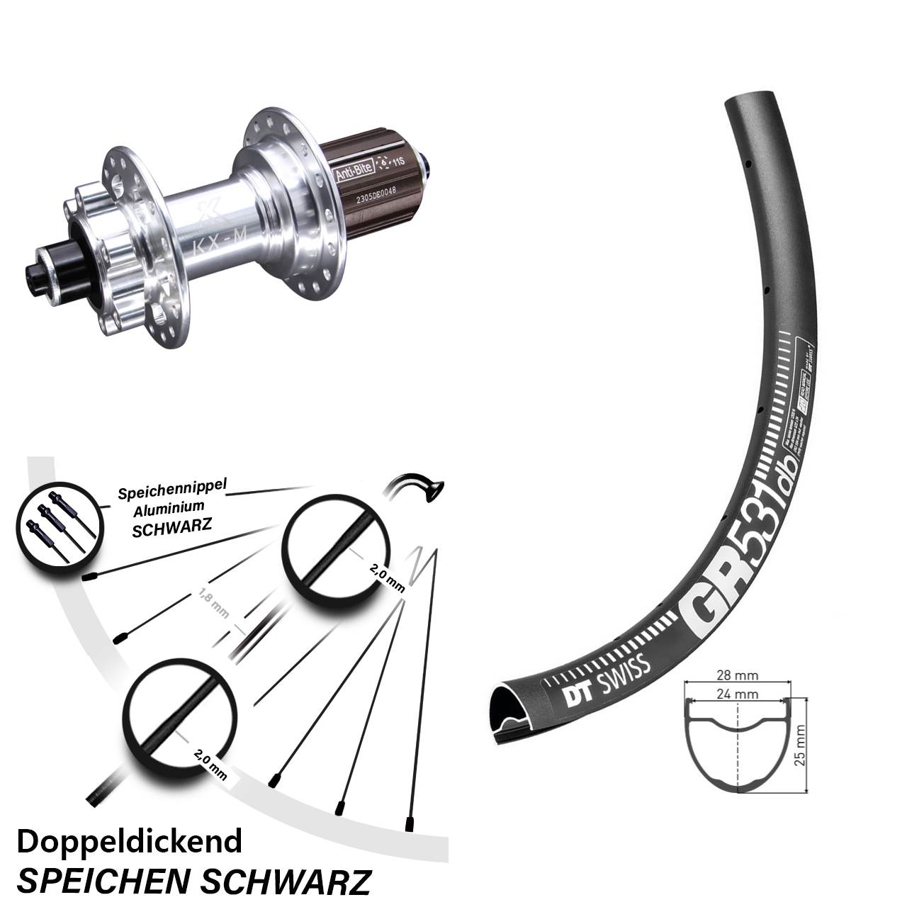 27,5 Zoll DT Swiss GR 531 KX-M 6-Loch Hinterrad QR 8-12 fach