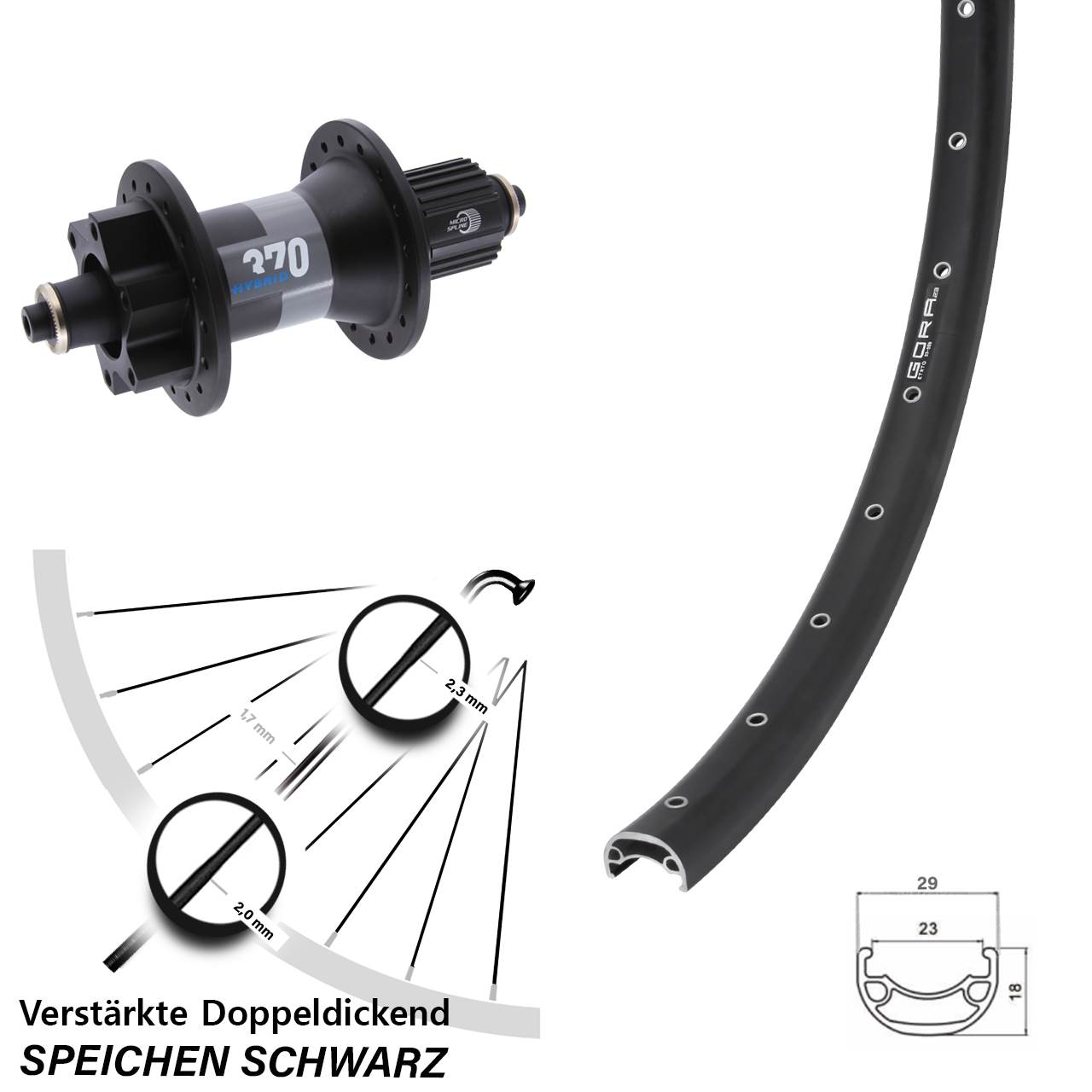 28 Zoll Gora 23 DT Swiss 370 Hybrid Disc Laufrad für Schnellspanner Boost Micro Spline