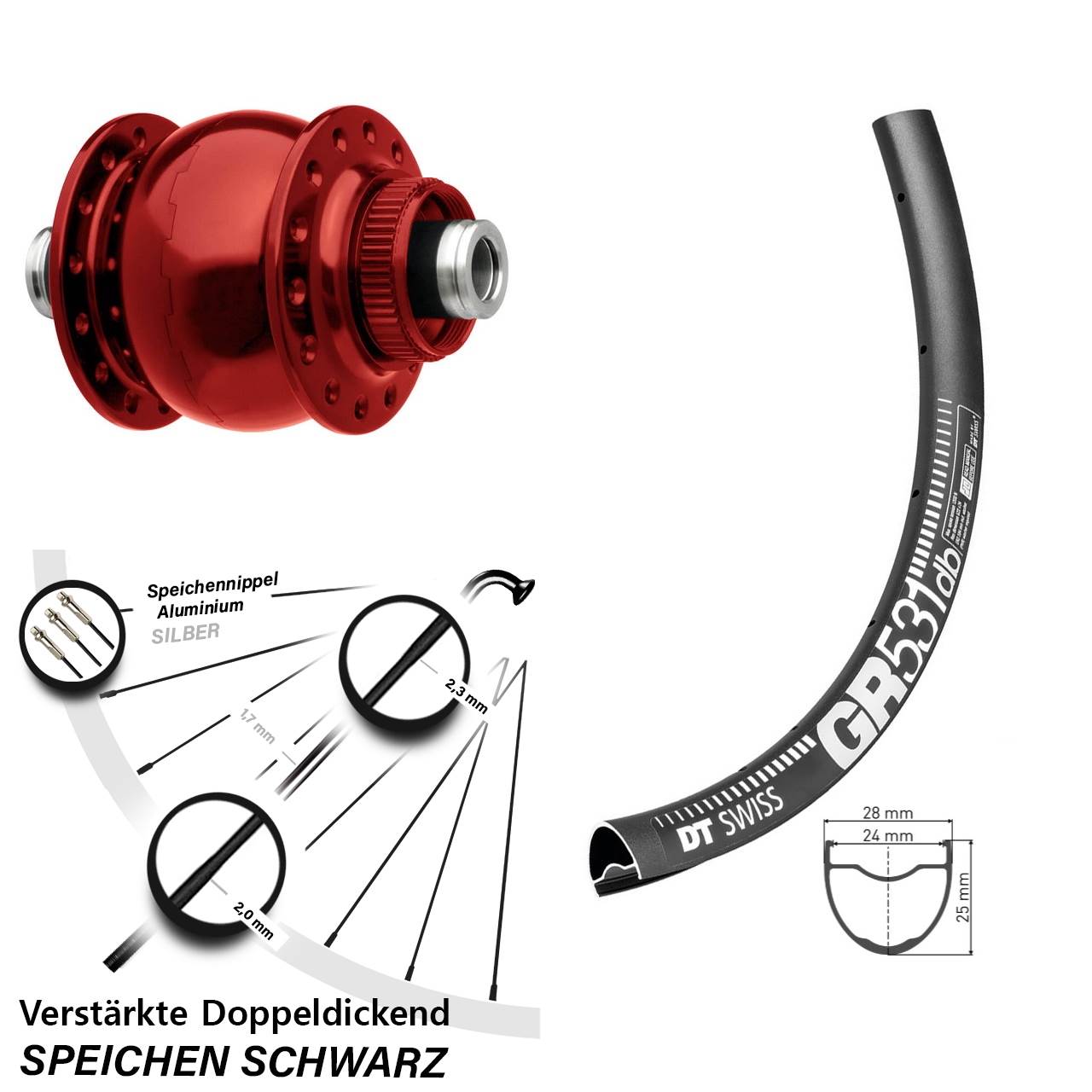 650B DT Swiss GR 531 SON 28 rot Nabendynamo-Vorderrad 12x100