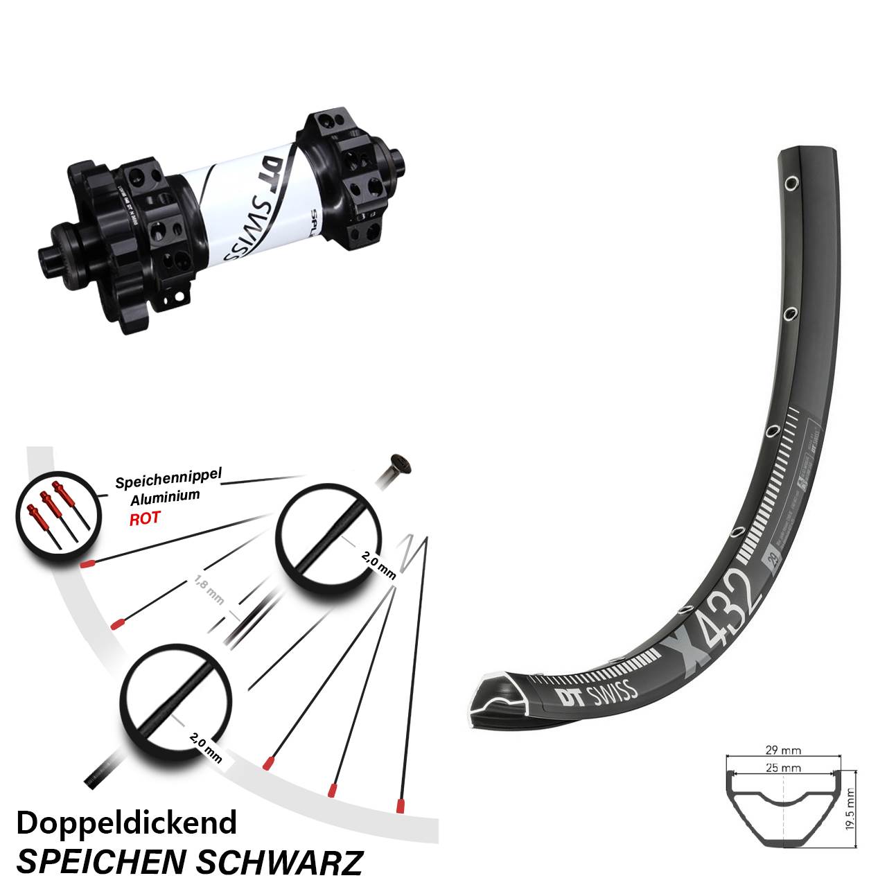 6-Loch 29 Zoll Vorderrad Straightpull X432 DT Swiss X1900 QR für Schnellspanner