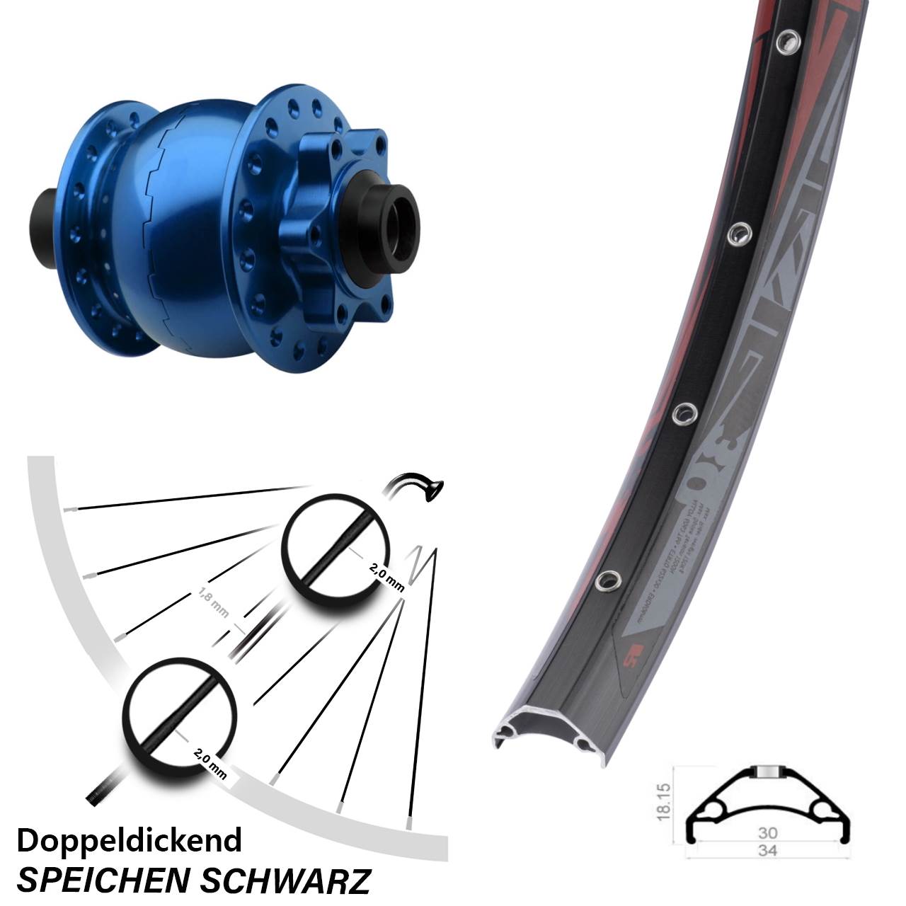 6-Loch Dynamo-Vorderrad 29 Zoll Rodi TRYP 30 SON 28 blau 15x100