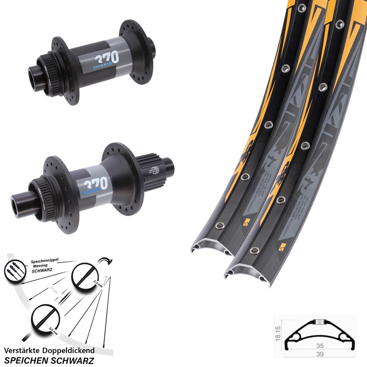 Laufrad-Satz 15x110 12x148 27,5 Zoll Rodi TRYP 35 DT Swiss 370 Hybrid Micro Spline