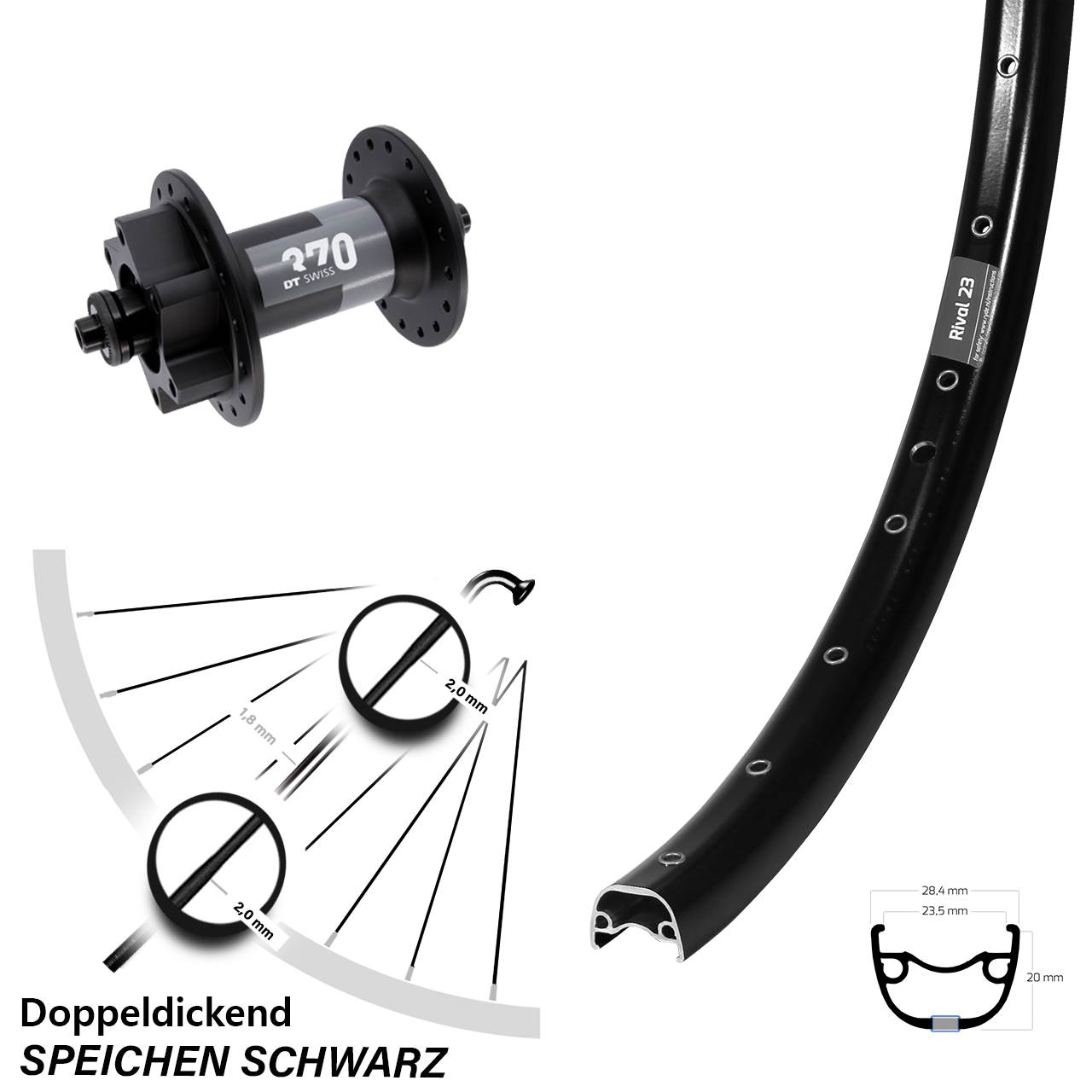 Disc Vorderrad 27,5 Zoll Ryde Rival 23 DT Swiss 370 für Schnellspanner