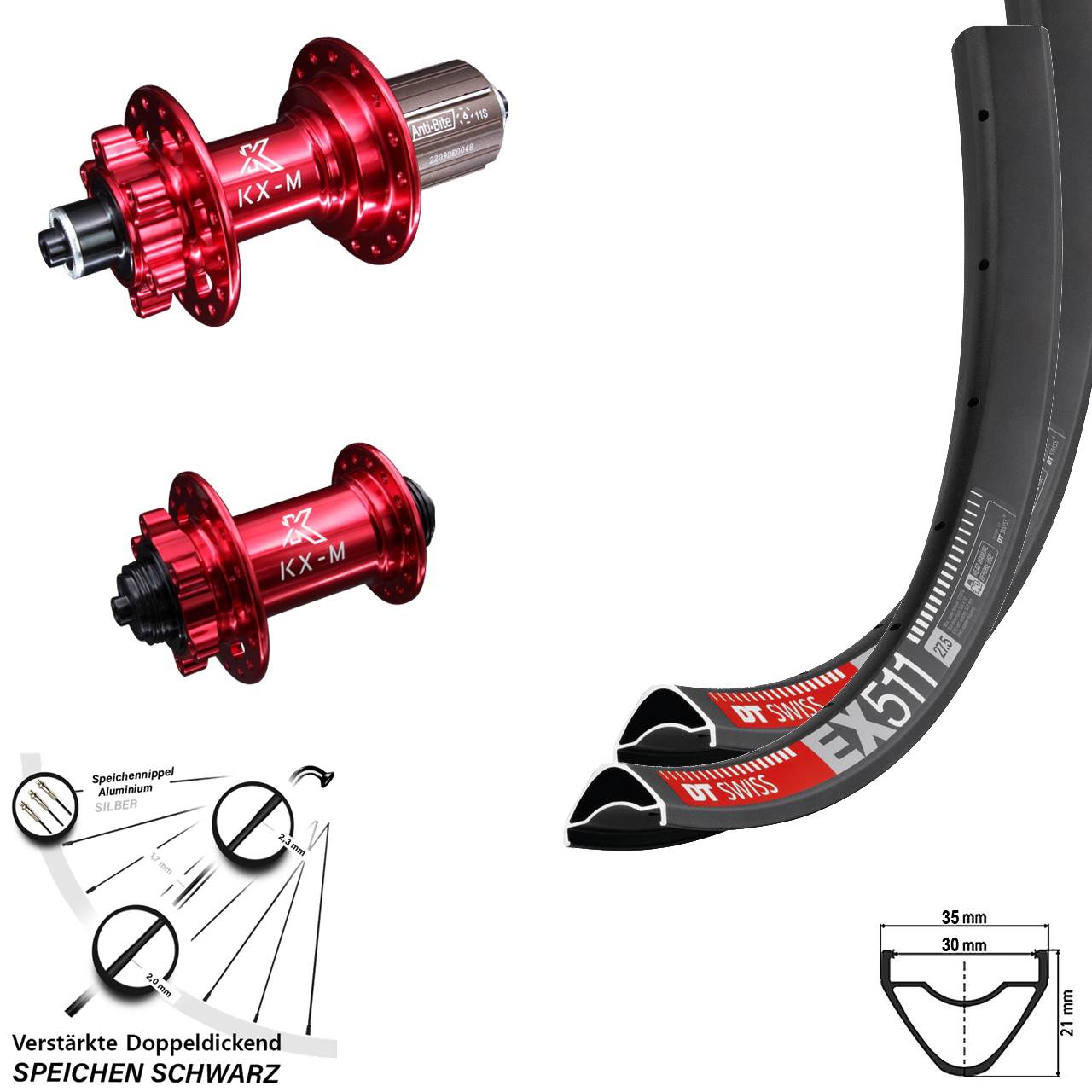 29 Zoll DT Swiss EX511 KX-M rot 6-Loch Laufradsatz für Schnellspanner 8-12 fach