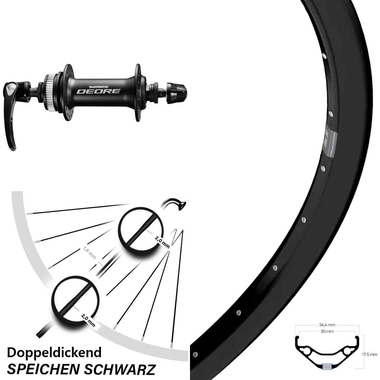 27,5 Zoll Ryde Disc 30 Shimano HB-M6000 Centerlock Vorderrad für Schnellspanner