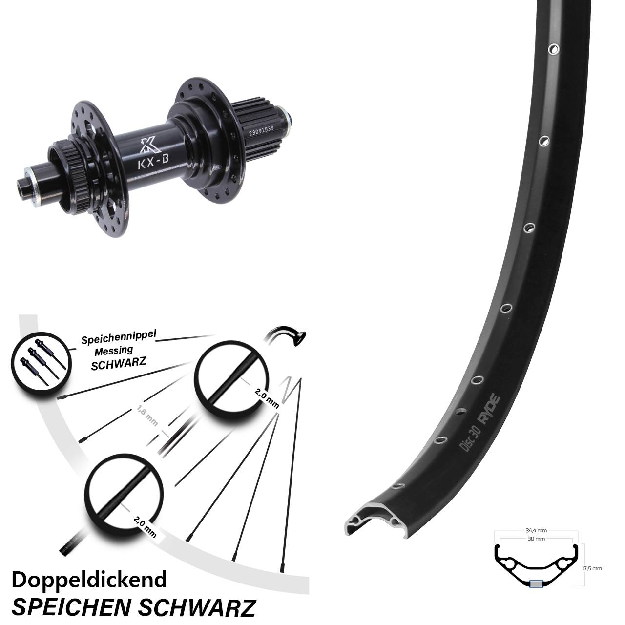 Laufrad 29 Zoll Ryde Disc 30 KX-B Centerlock 5x141 Boost Micro Spline