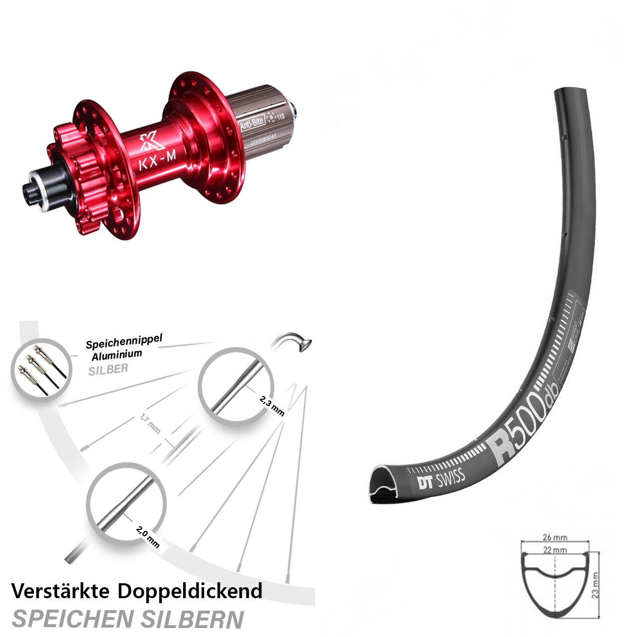 28 Zoll DT Swiss R500 KX-M rot 6-Loch Hinterrad QR 8-12 fach