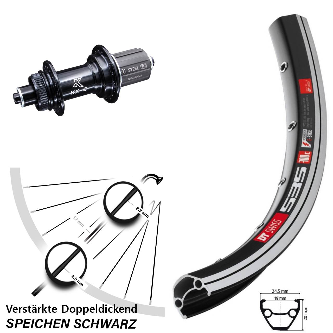 KX-GS DT Swiss 535 Hinterrad 28 Zoll verstärkt für Schnellspanner 8-12 fach