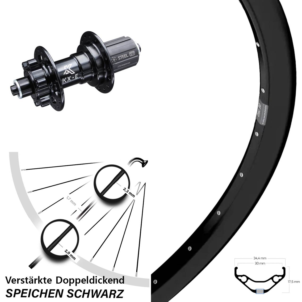6-Loch Hinterrad 29 Zoll Ryde Disc 30 KX-E Heavy Duty 8-12 fach für Schnellspanner