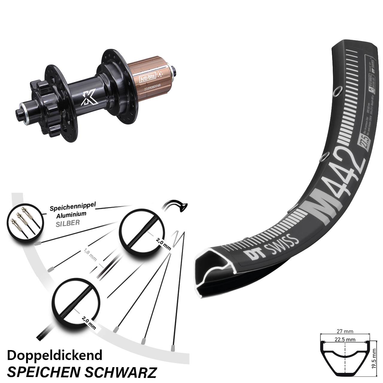 29 Zoll Hinterrad KX-M schwarz 6-loch 8-12 fach DT Swiss M 442 Schnellspanner