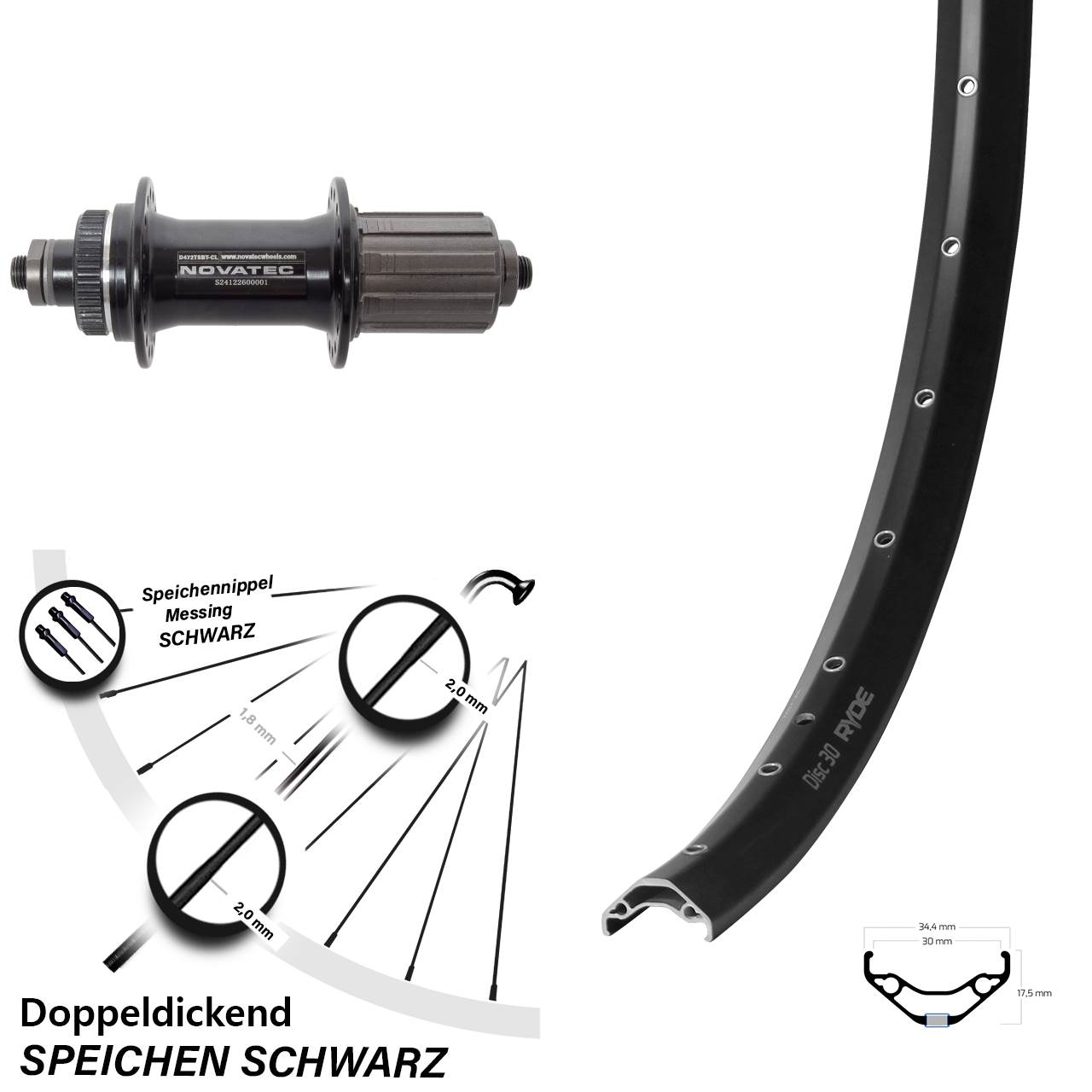 27,5 Zoll Ryde Disc 30 Novatec D472 Centerlock Hinterrad für Schnellspanner 8-12 fach HG