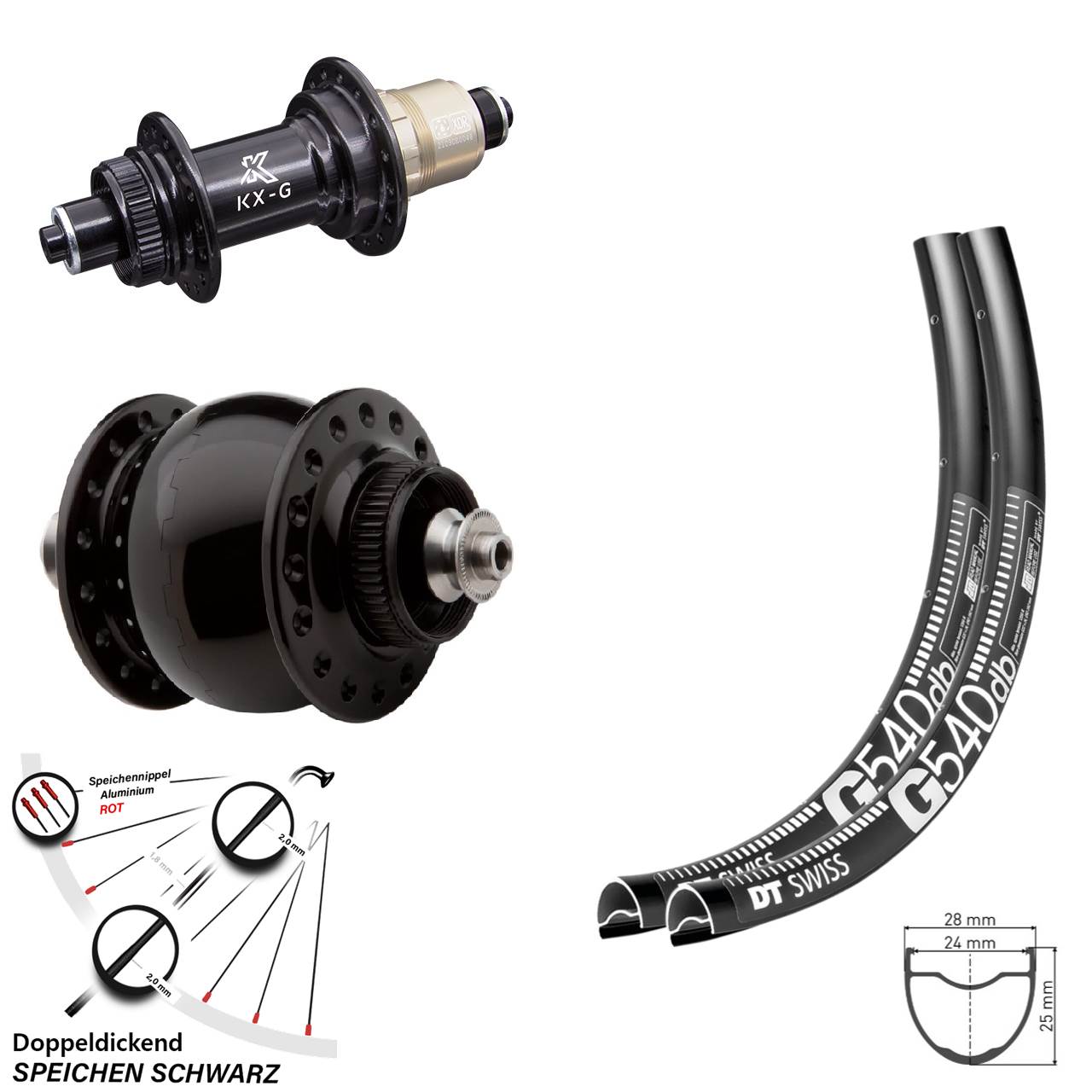 28 Zoll Laufradsatz Dynamo DT Swiss G 540 Nabe KX-G Sram XD-R 12-fach SON delux Centerlock