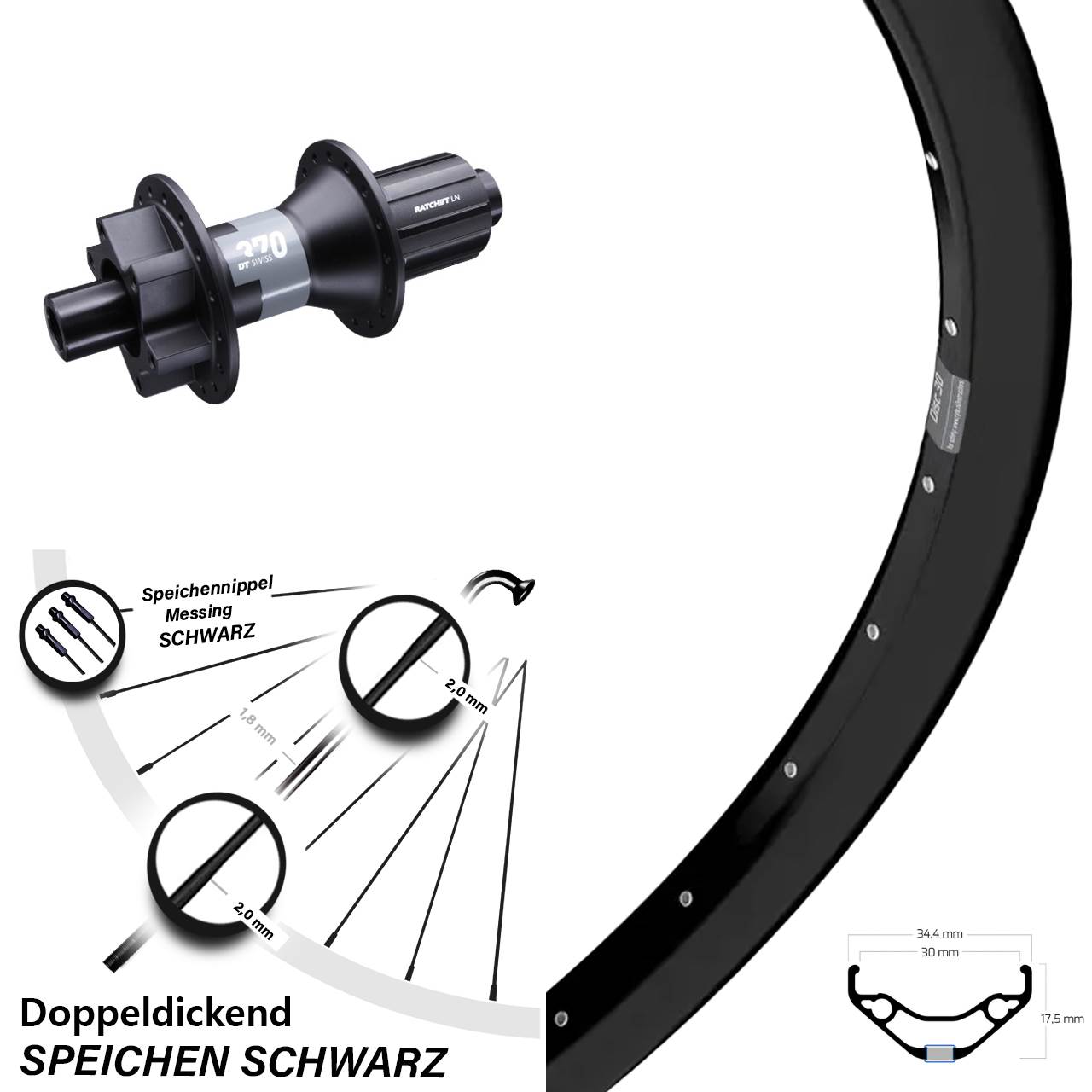6-Loch Hinterrad 12x142 29 Zoll Ryde Disc 30 DT Swiss 370 8-11 fach HG