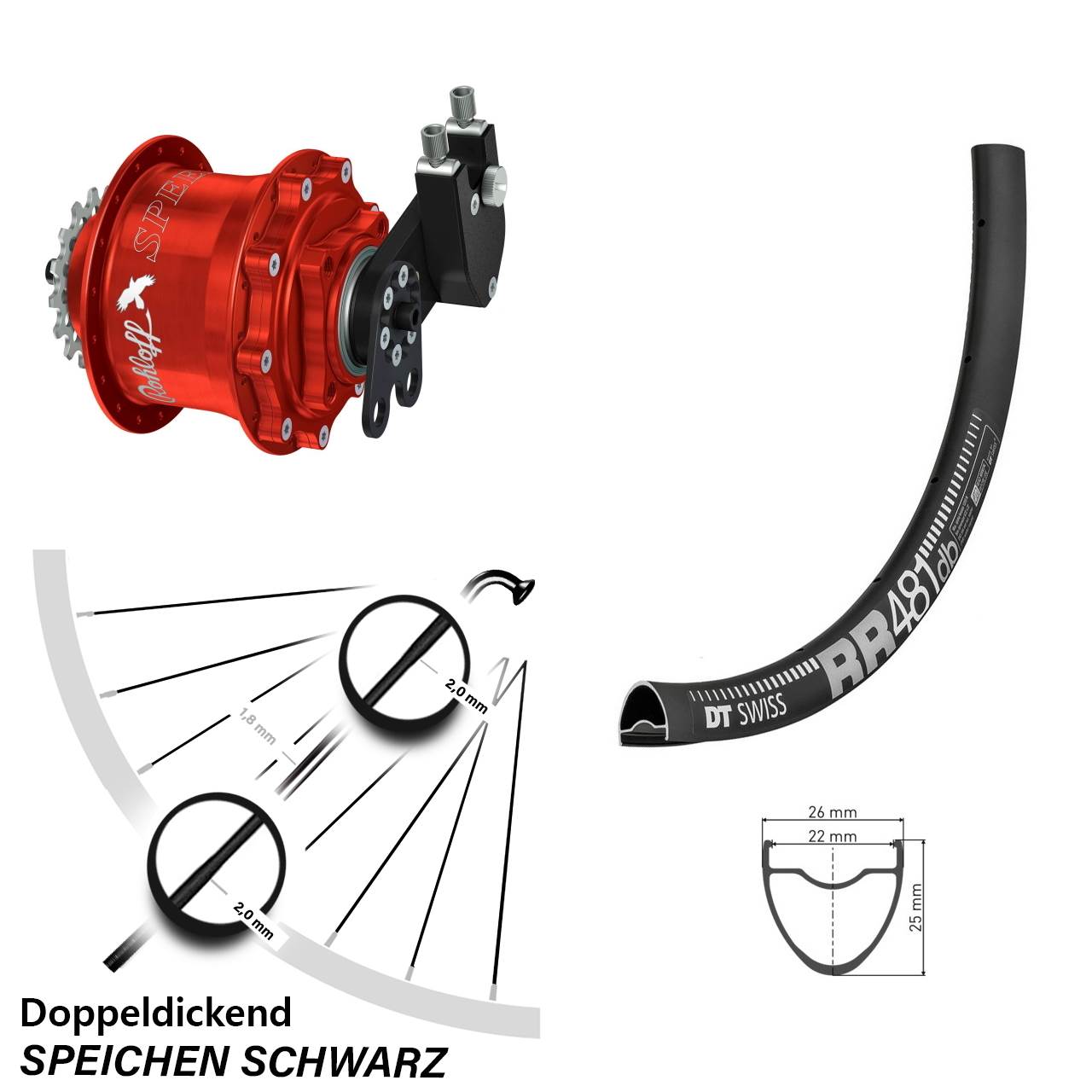 Hinterrad 28 Zoll DT Swiss RR 481 Disc Rohloff Speedhub 500/14 CC DB Tandem rot